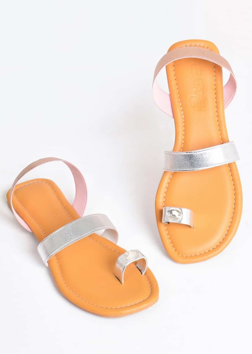 Silver Toe Flats With Stone Work And Rose Gold Ankle Strap By Sole House