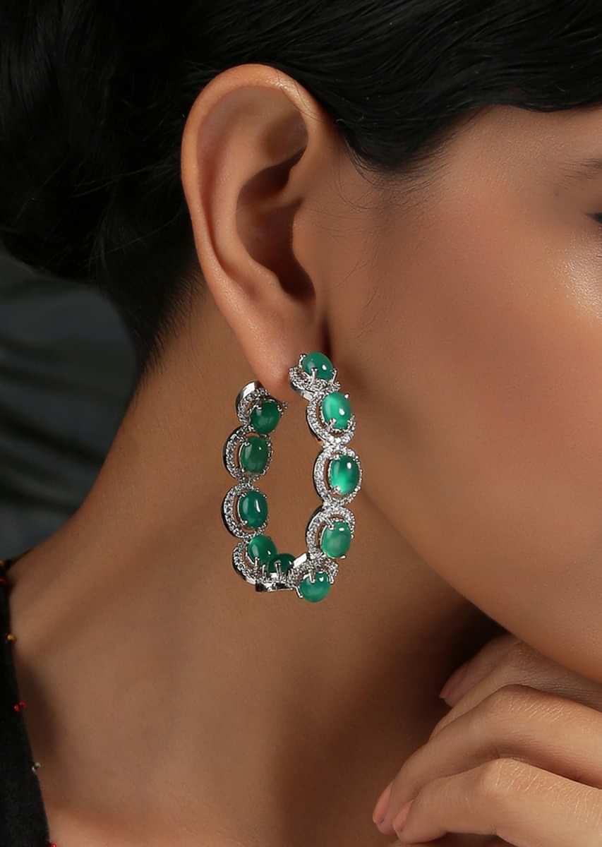 Silver Toned Hoop Earrings With Green Victorian Faux Diamond By Paisley Pop