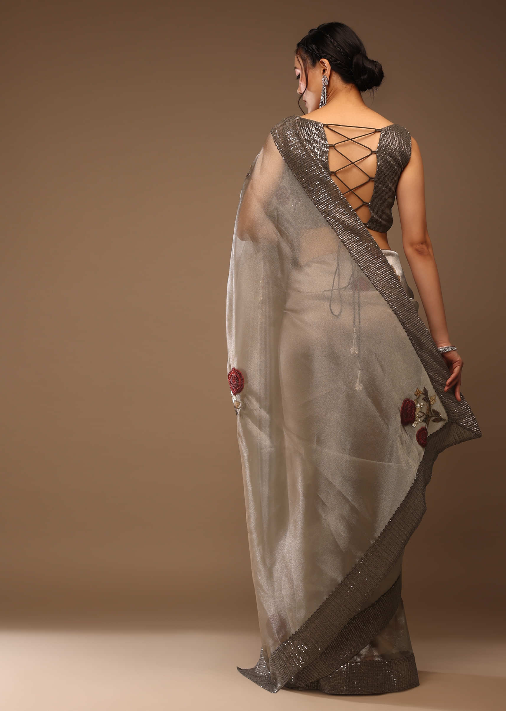 Silver And Cedar Brown Saree In Tissue Organza With Multi Colored Sequins Embroidered Motifs
