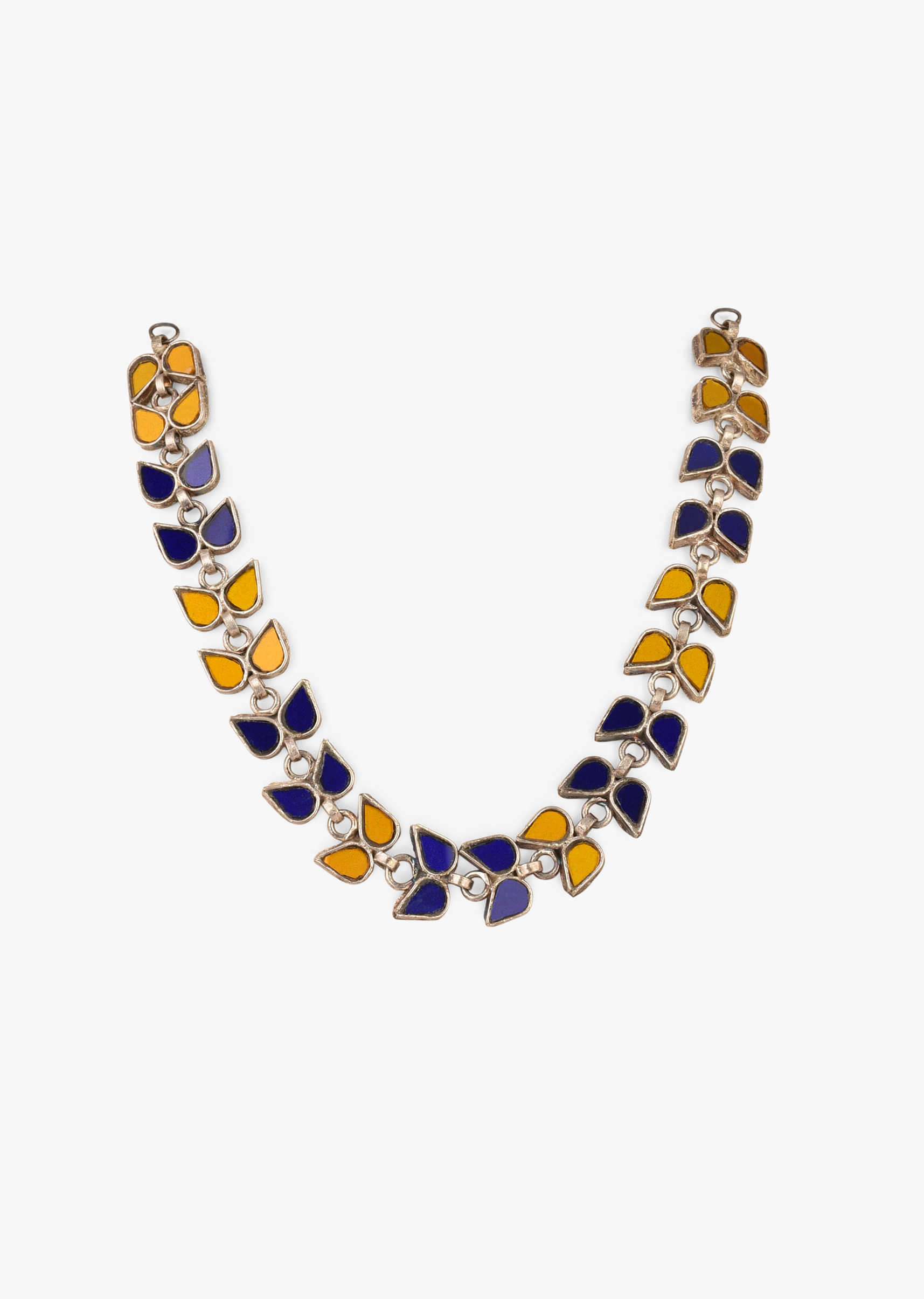 Silver Choker Necklace With Royal Blue Glass Embellished Four Petal Flowers 