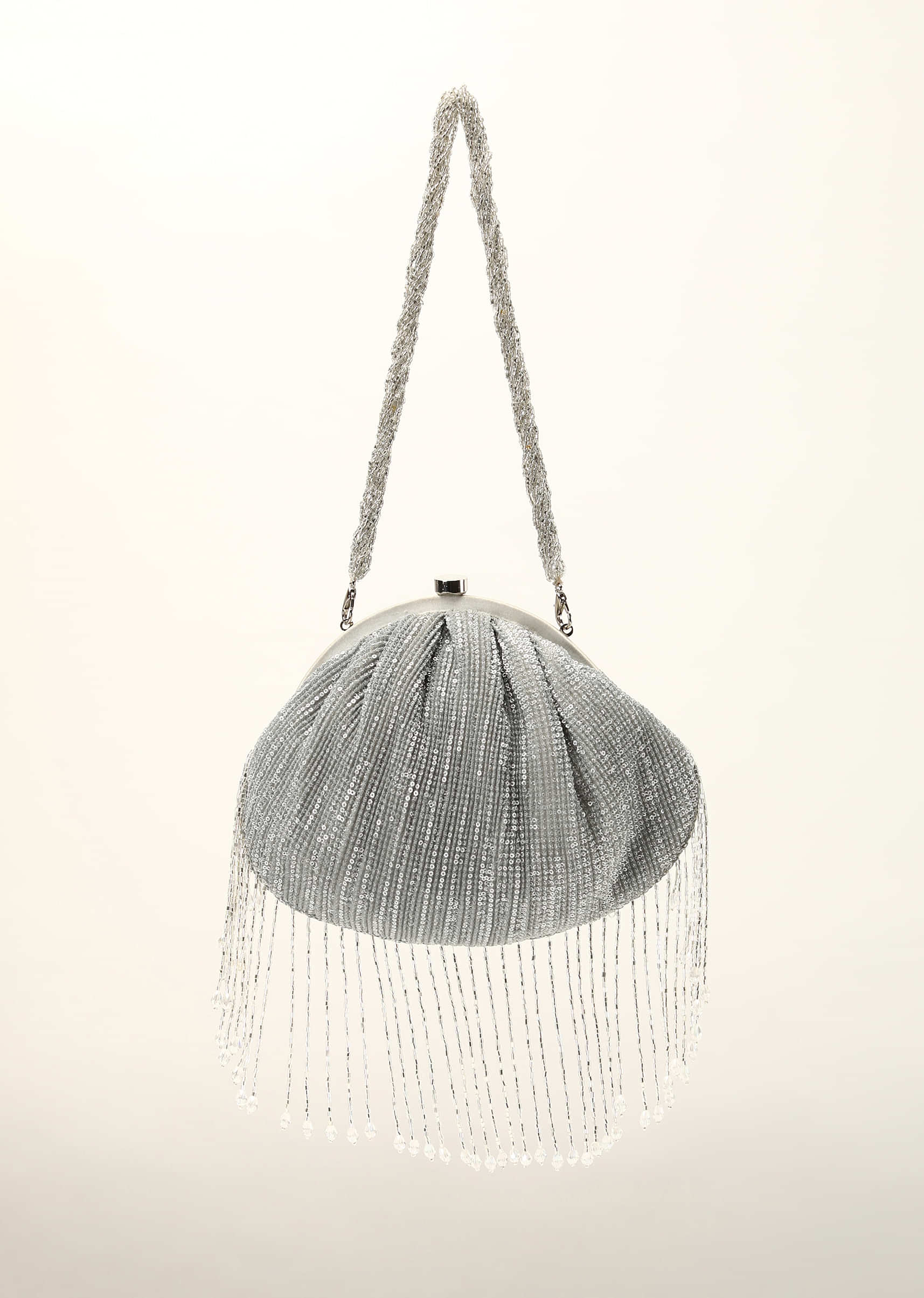 Silver Clutch In Crushed Sequins Fabric With Cut Dana Fringes On The Edges