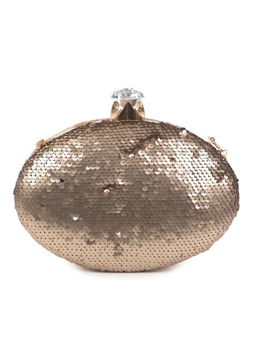 Silver Clutch in oval shape featuring in sequin work 