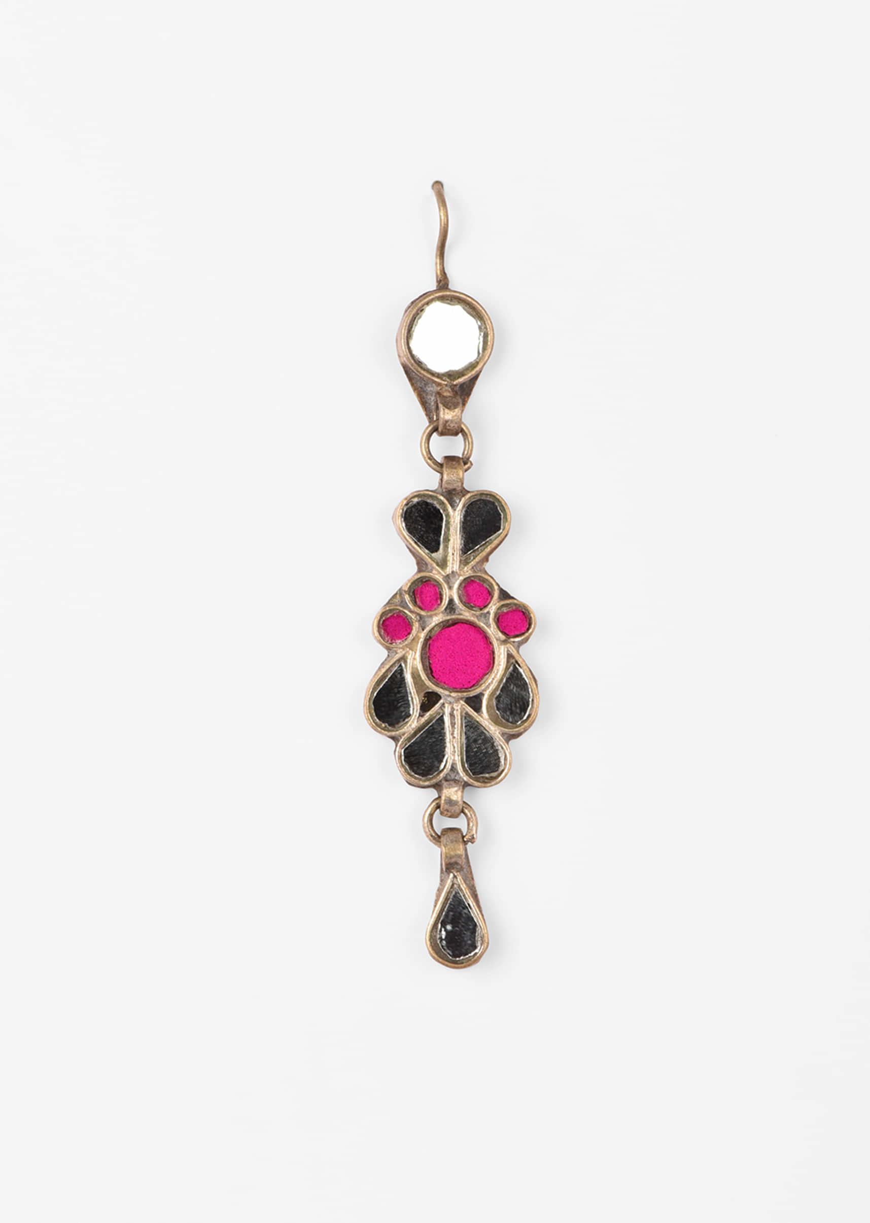 Silver Earrings With Mirror and Pink Glass Work In An Ethnic Motif 