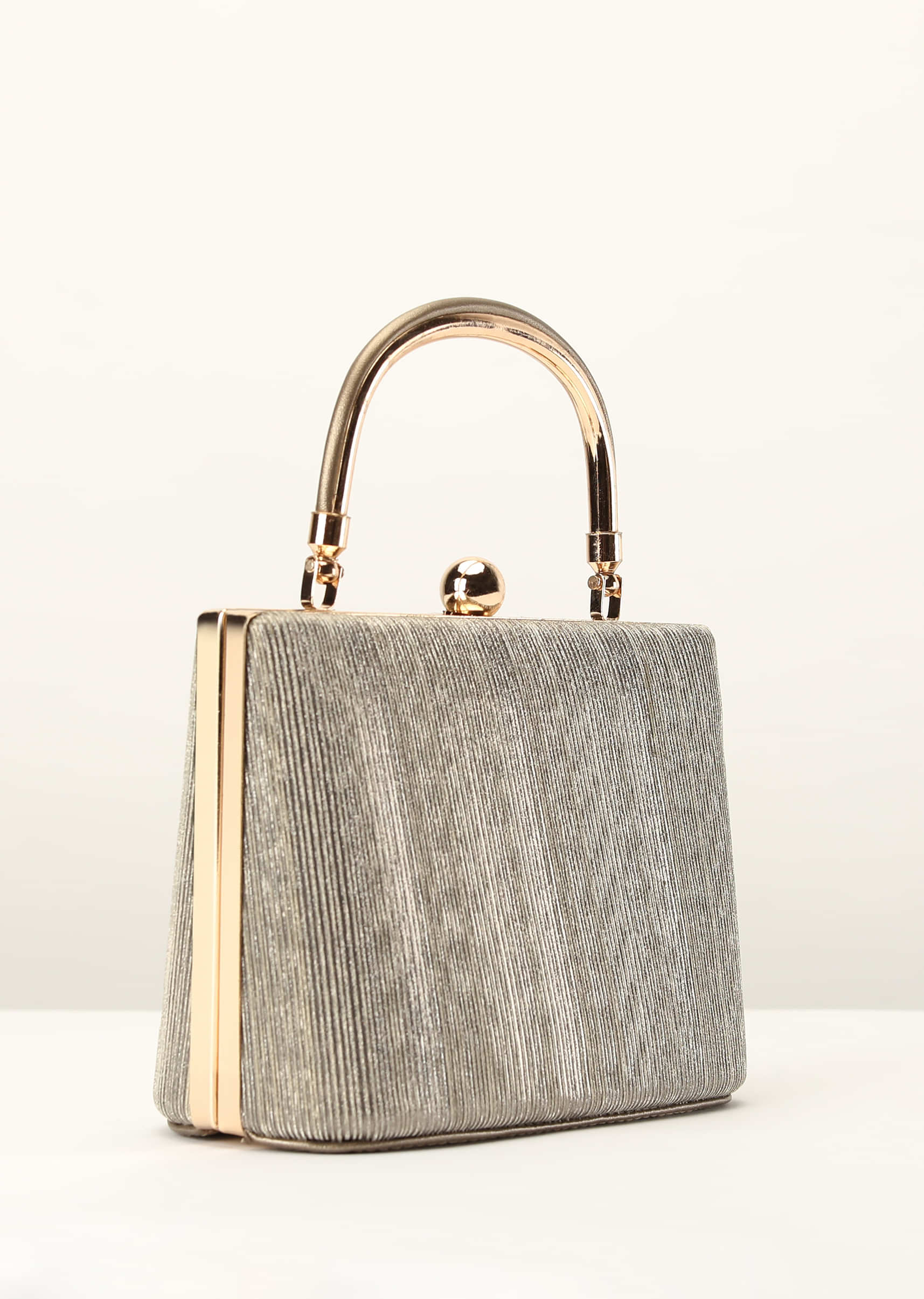 Silver Gold Clutch In Crush Fabric With Metal Handle And Clasp Closure