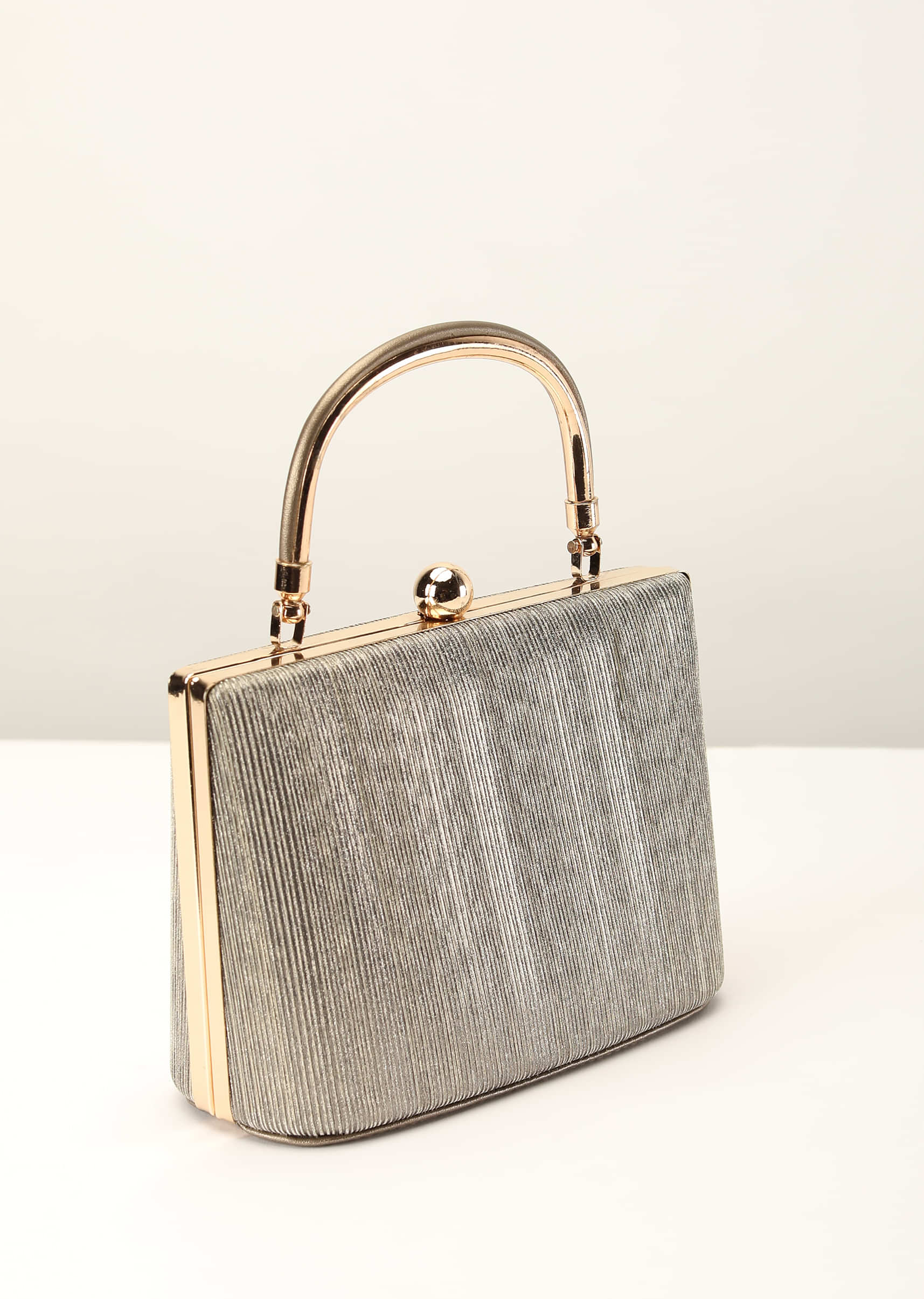 Silver Gold Clutch In Crush Fabric With Metal Handle And Clasp Closure