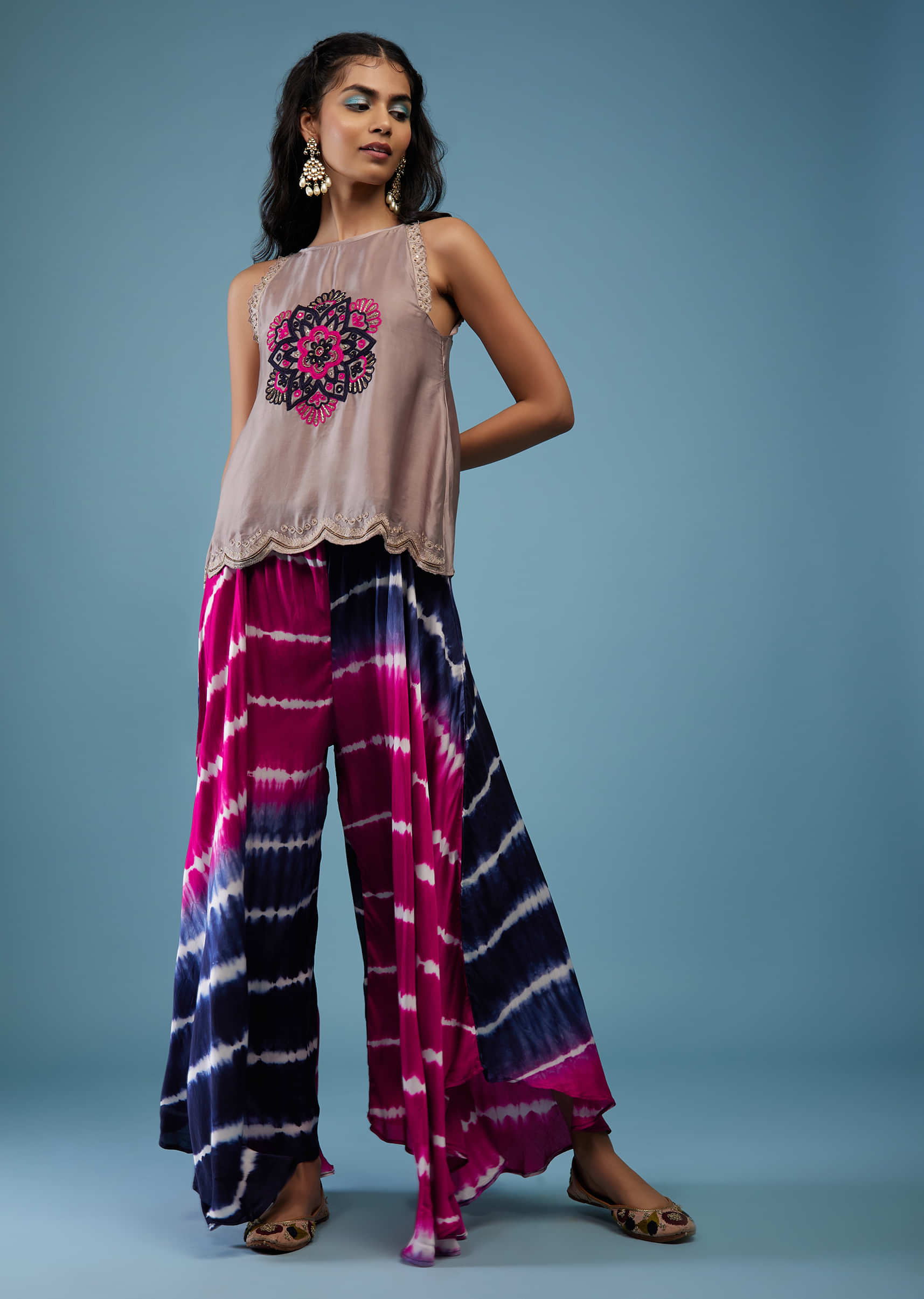 Silver Gray Embroidered Scallop Top With Rani Pink And Indigo Blue Tie-Dye Flared Palazzo In Silk