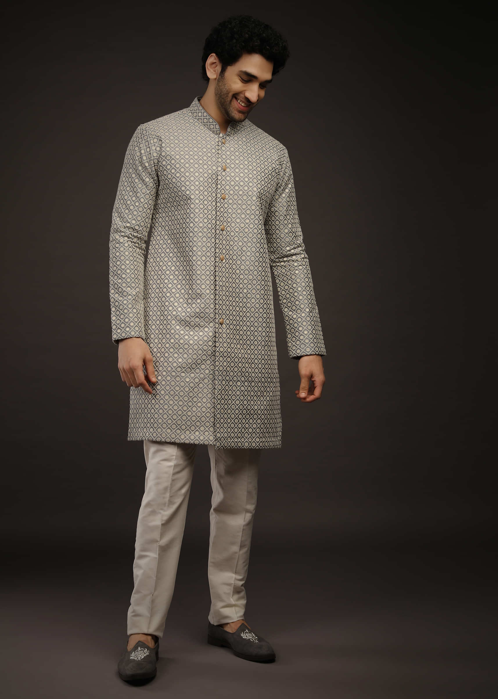 Silver Grey Kurta Set With Lucknowi Thread And Sequins Embroidered Jaal And Centre Placket