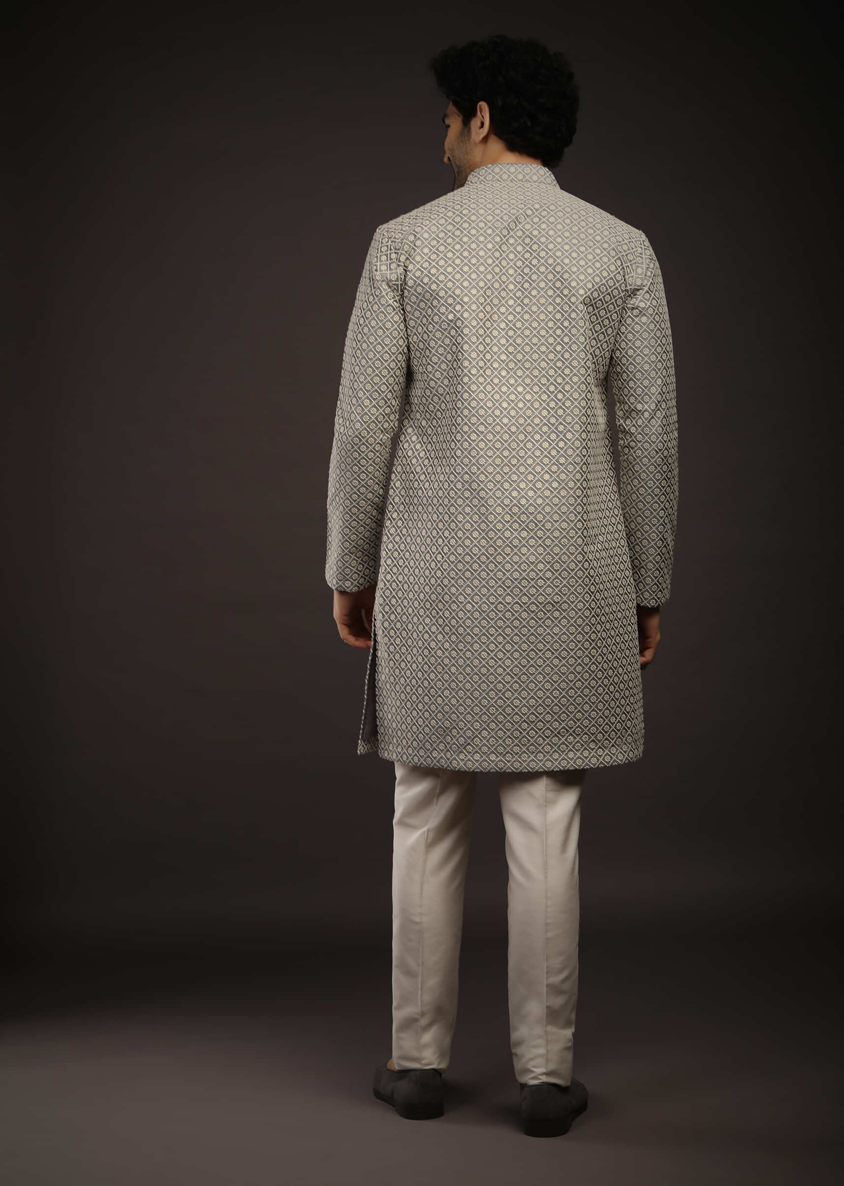 Silver Grey Kurta Set With Lucknowi Thread And Sequins Embroidered Jaal And Centre Placket