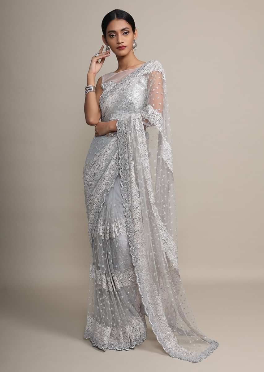 SILVER GREY SHADED SAREE WITH ALL OVER FLORAL MOTIFS – Toshaany.com