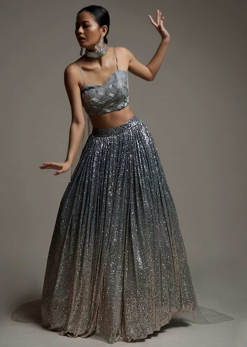 Silver Grey Ombre Skirt Embellished In Sequins And Cut Dana Embellished Crop Top With