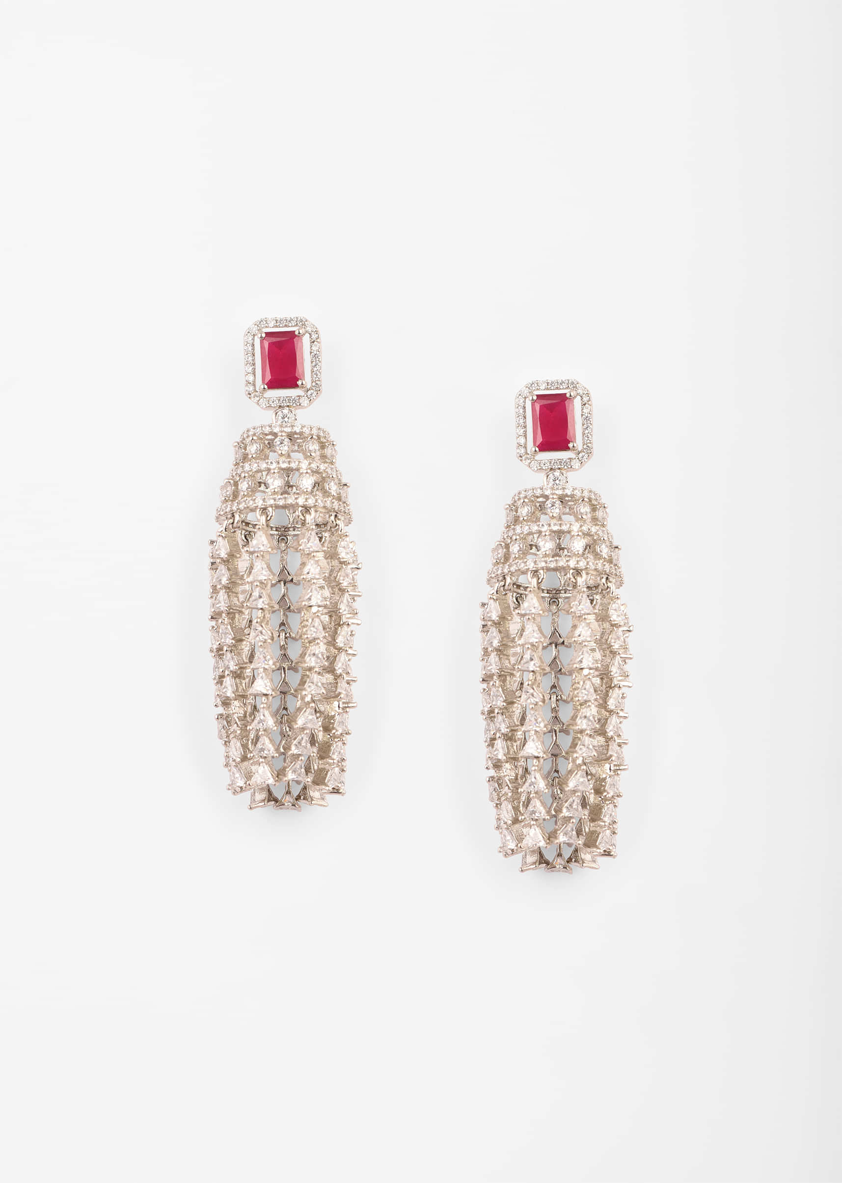 Silver Jhumkas With Swarovski Studded Fringes And Maroon Stone Accent 