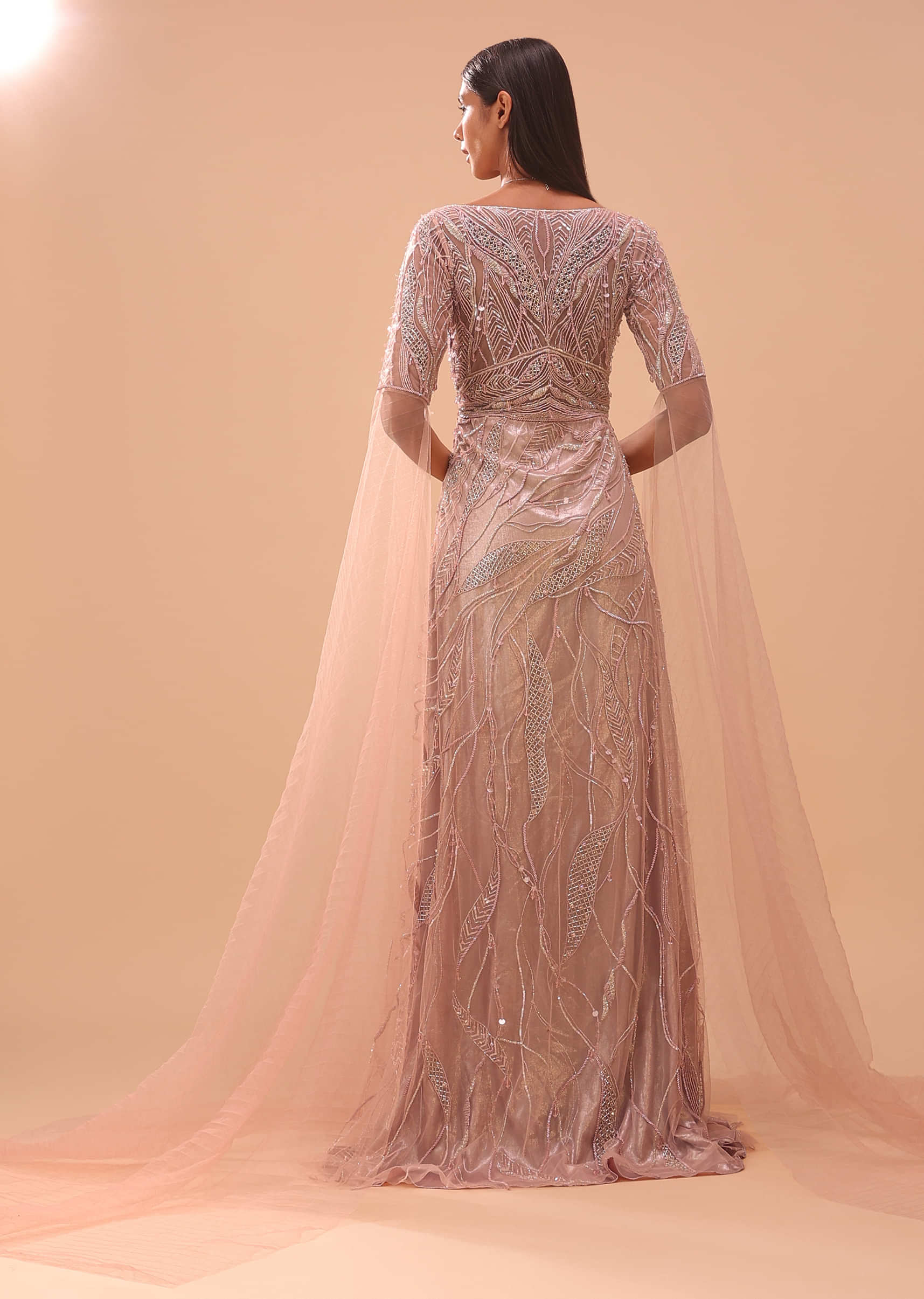 Petal Pink Embroidered Fishtail Gown With Net Sleeves