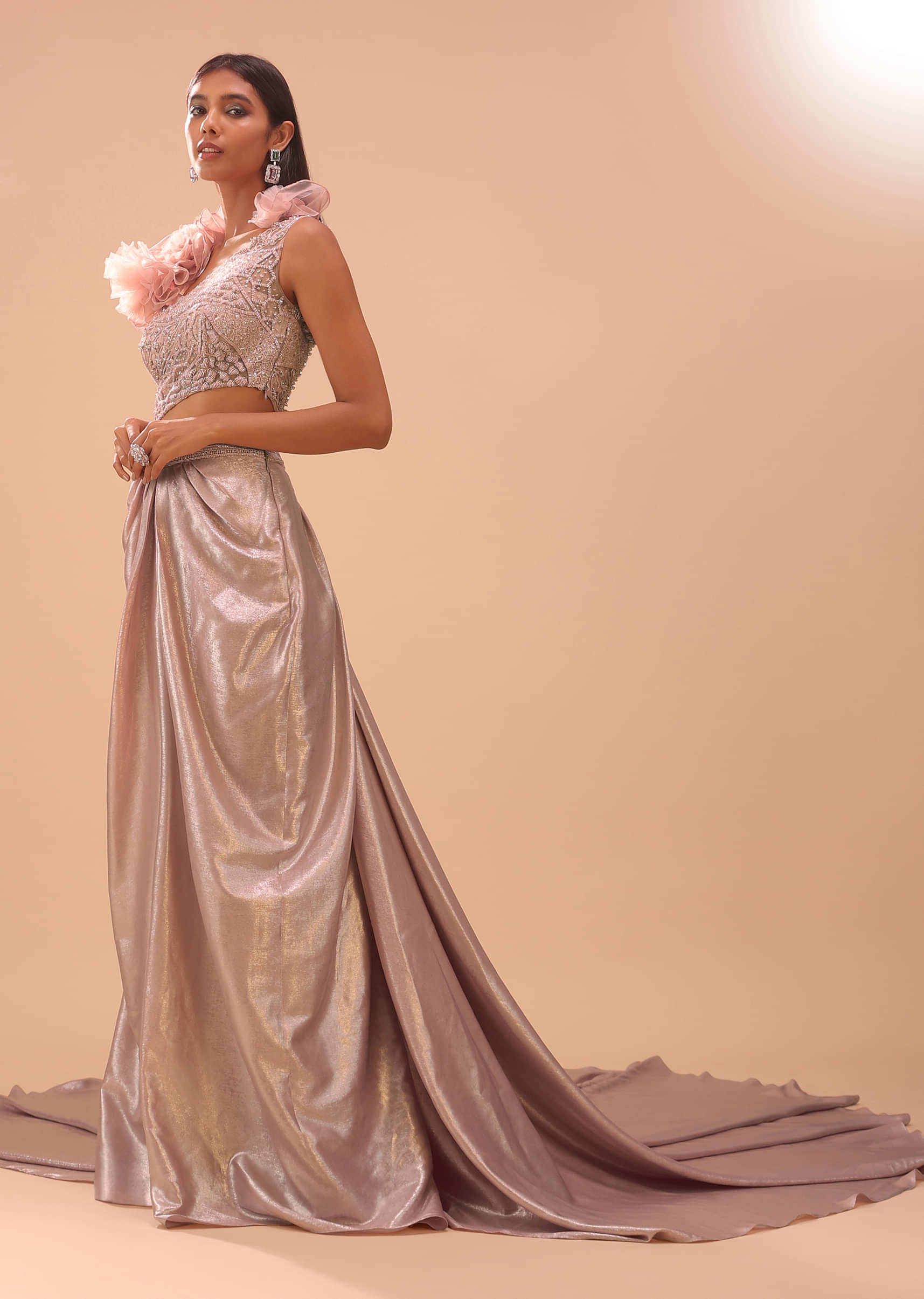 Silver Peony Pink Embroidered Gown With Ruffle Adornments