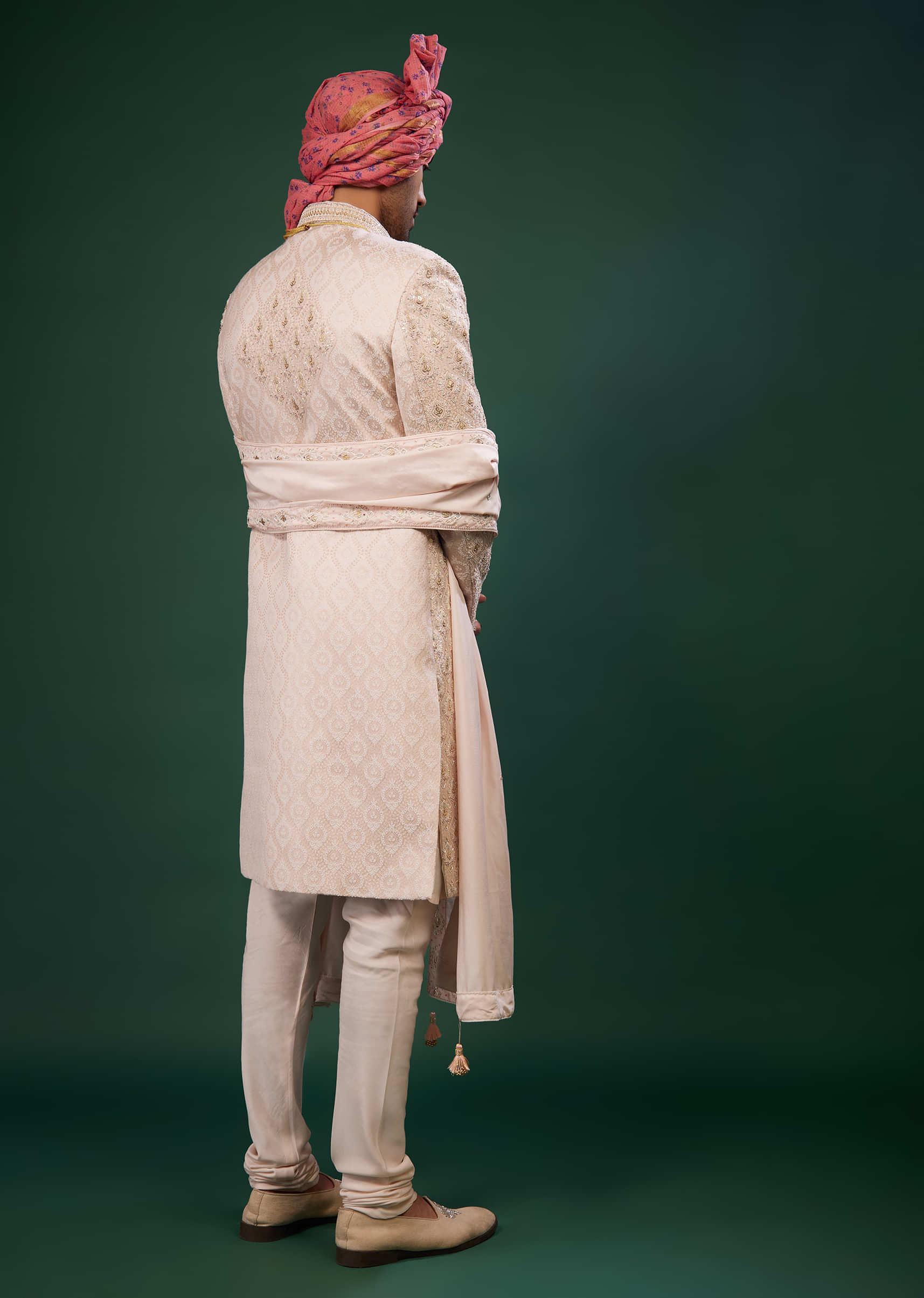 Pale Pink Thread And Zari Embroidered Silk Sherwani Set