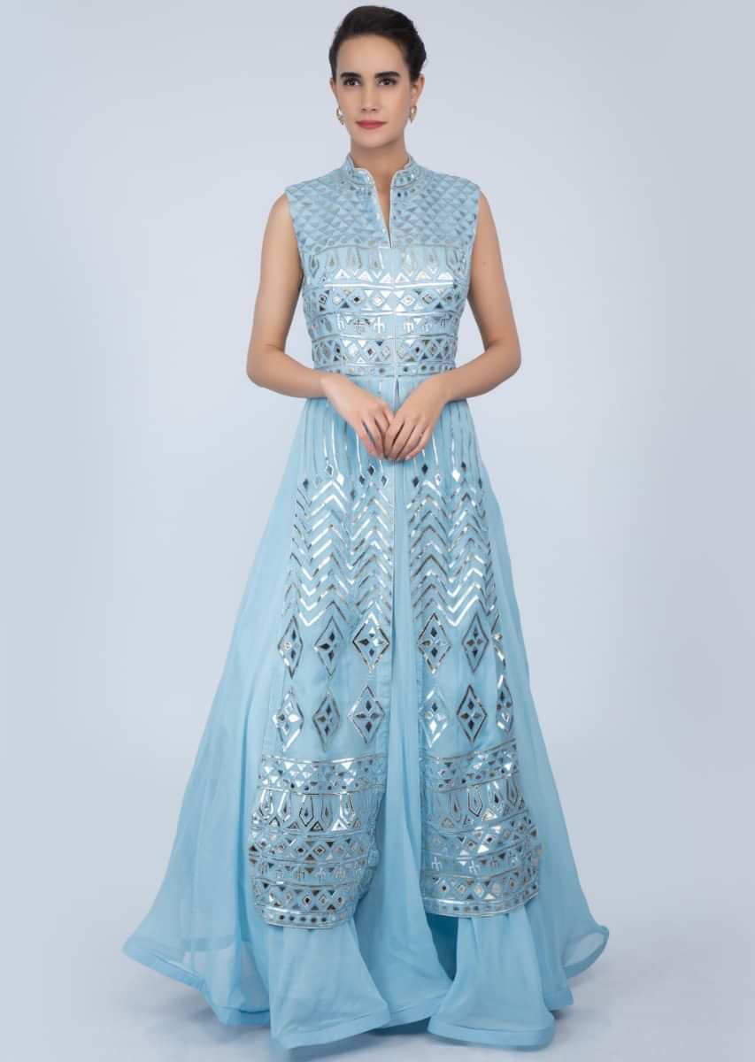 Sky Blue Anarkali Gown With Lurex Applique Work Online - Kalki Fashion