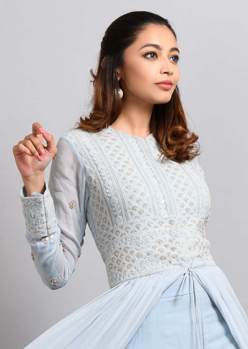 Sky Blue Anarkali Suit With Center Slit Adorn In Thread Embroidery  