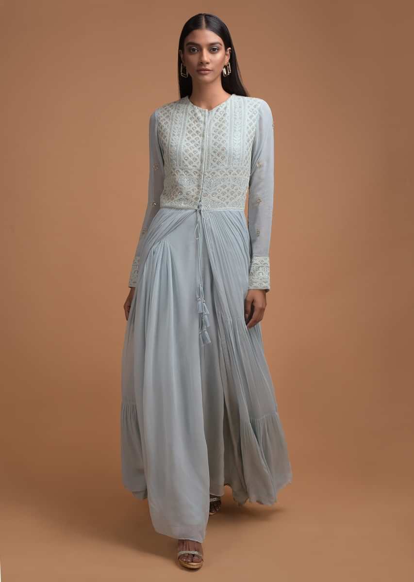 Sky Blue Anarkali Suit With Center Slit Adorn In Thread Embroidery  