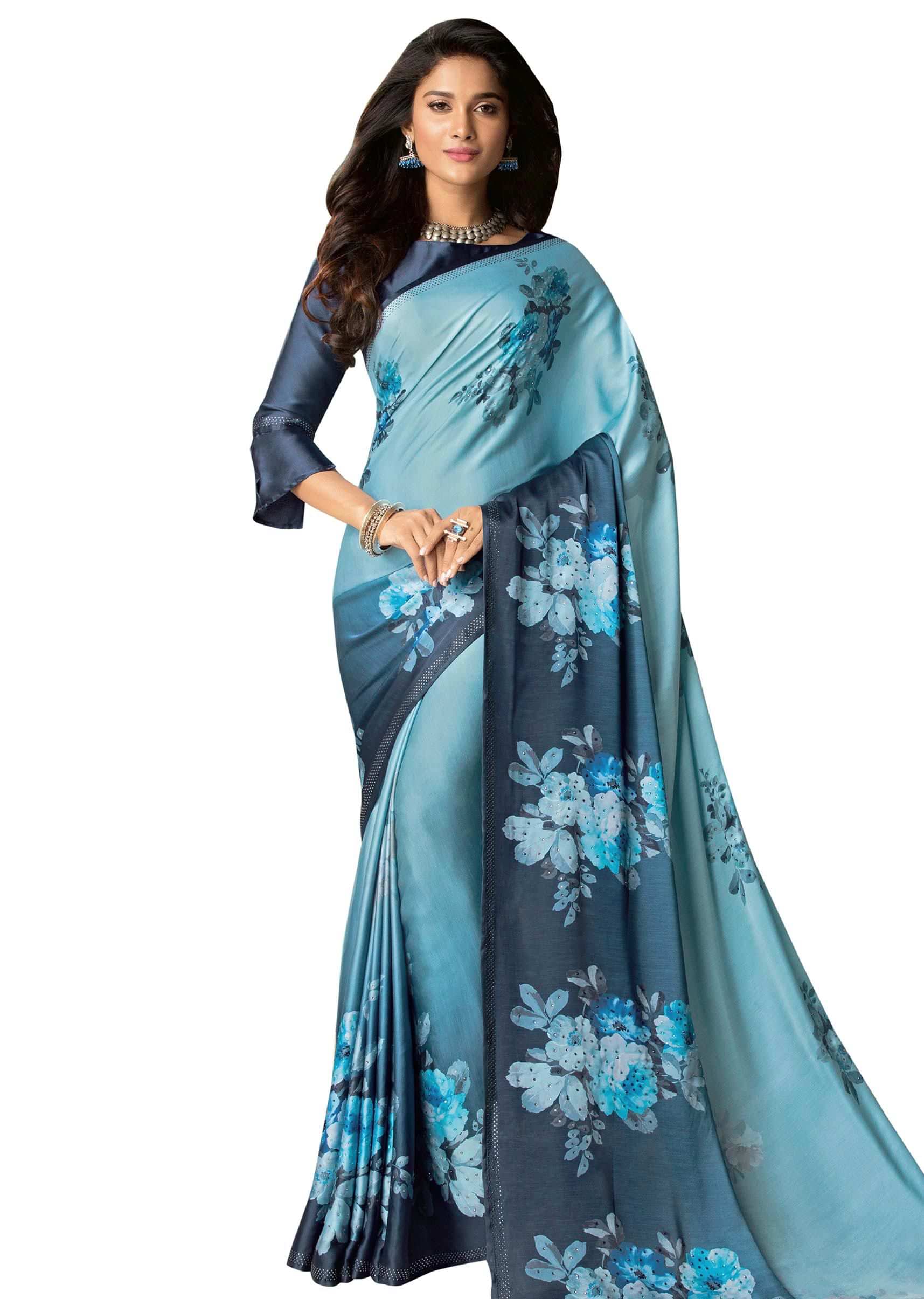 Sky blue and navy blue saree in satin with floral printed digital butti 