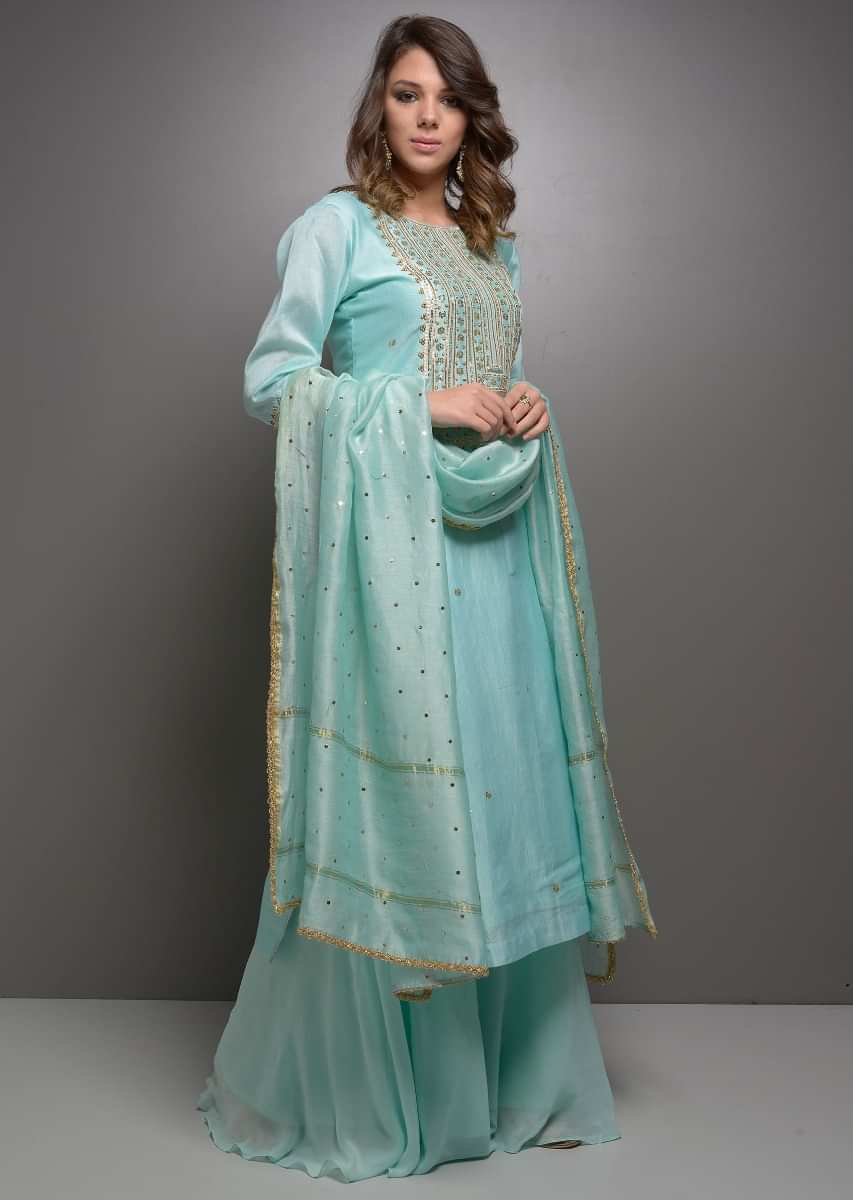 Sky blue chanderi suit in gotta and tikki embroidery