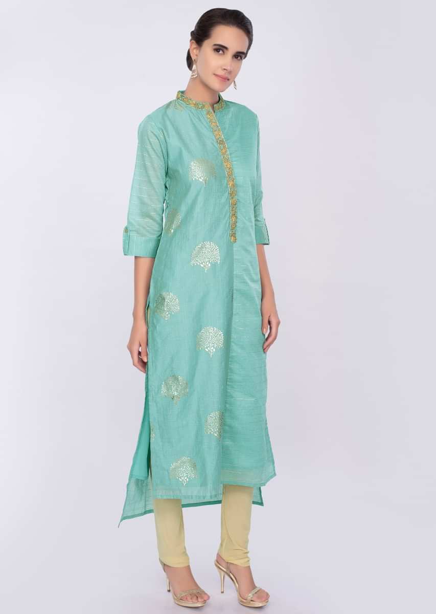 Sky Blue Kurti In Cotton With Foil Print And Zari Embroidery Online - Kalki Fashion