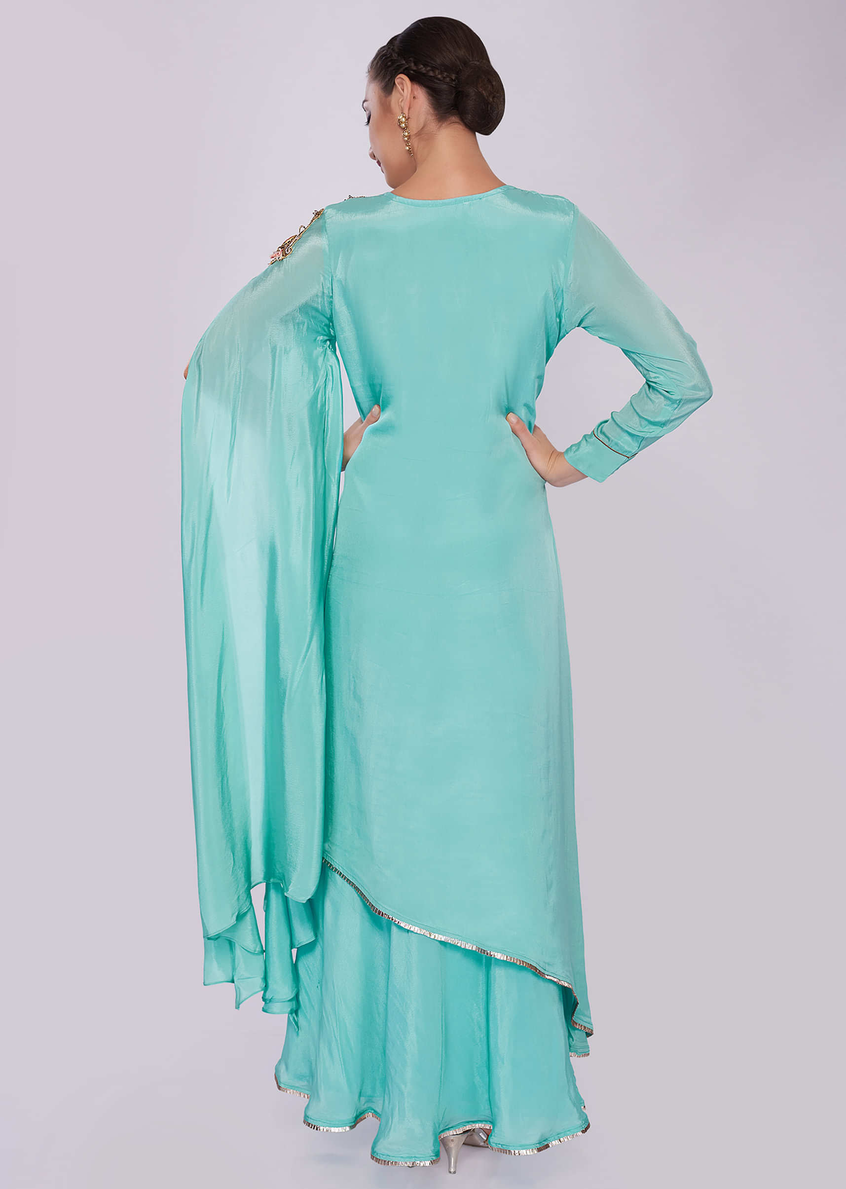 Sky blue double layer tunic dress featuring in satin crepe