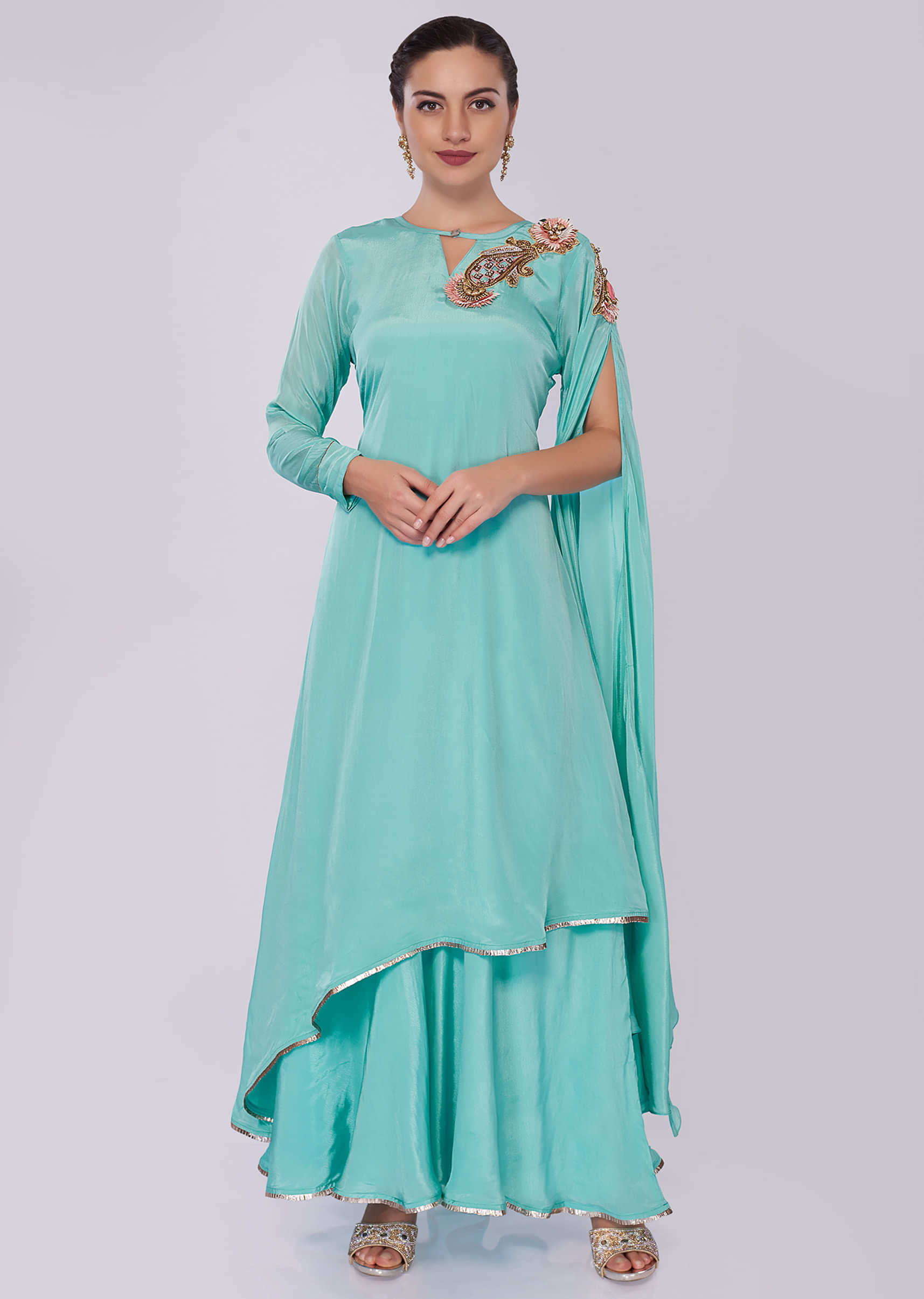 Sky blue double layer tunic dress featuring in satin crepe