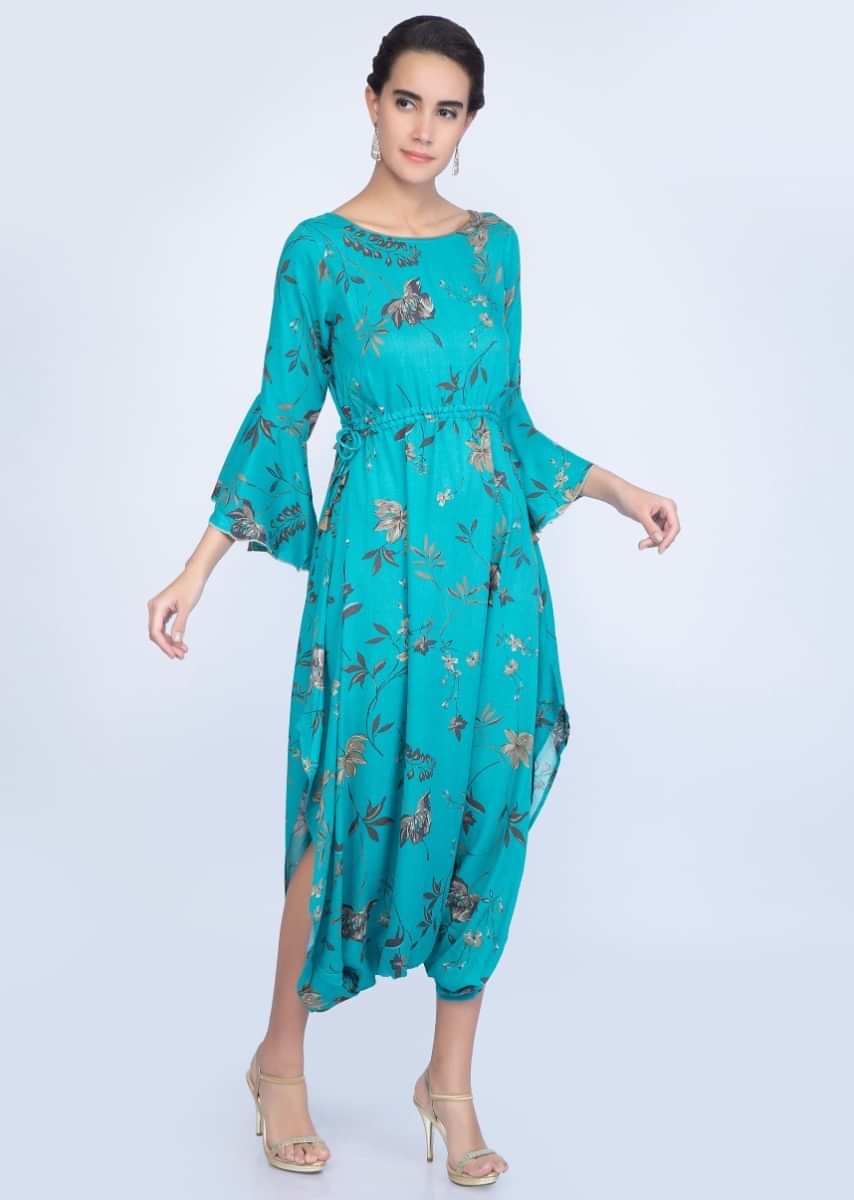 Cerulean blue floral printed jumpsuit with adjustable waist only on Kalki