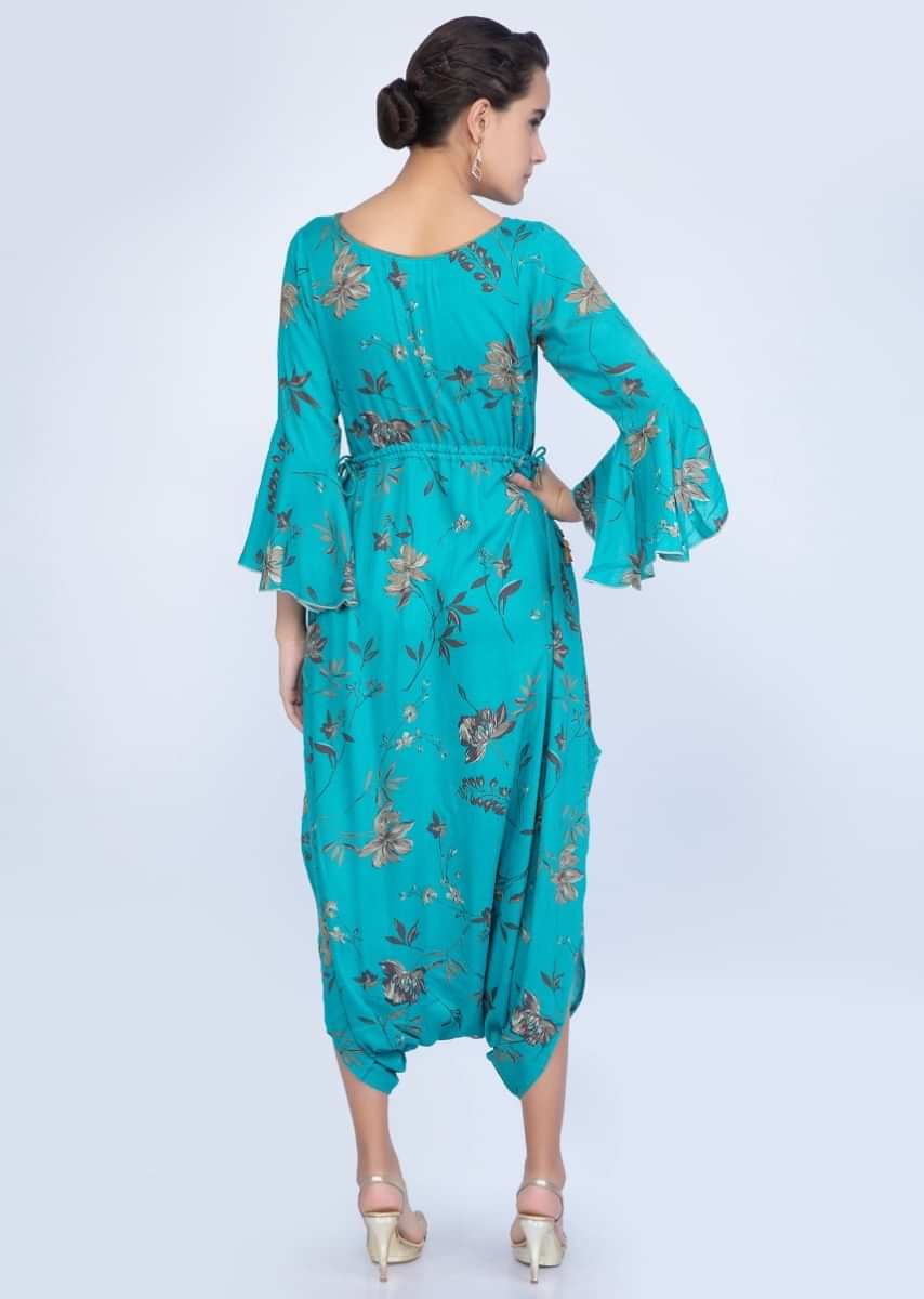 Cerulean blue floral printed jumpsuit with adjustable waist only on Kalki