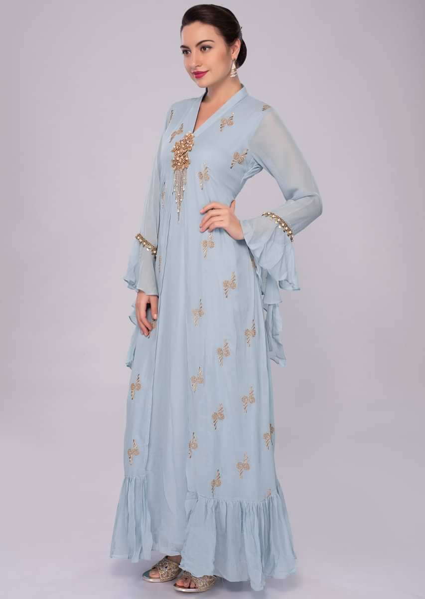 Sky blue georgette tunic dress with additional stitched top layer with floral patch work 