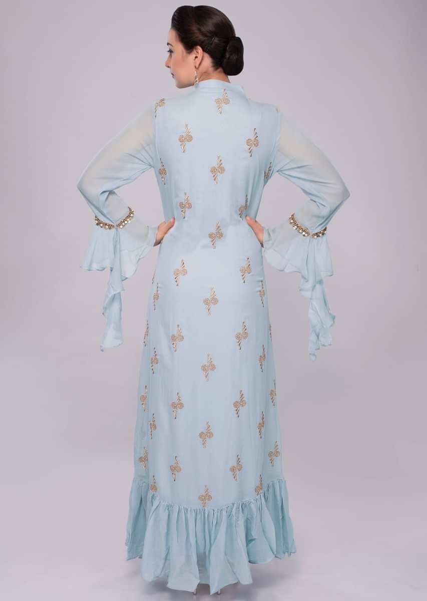 Sky blue georgette tunic dress with additional stitched top layer with floral patch work 