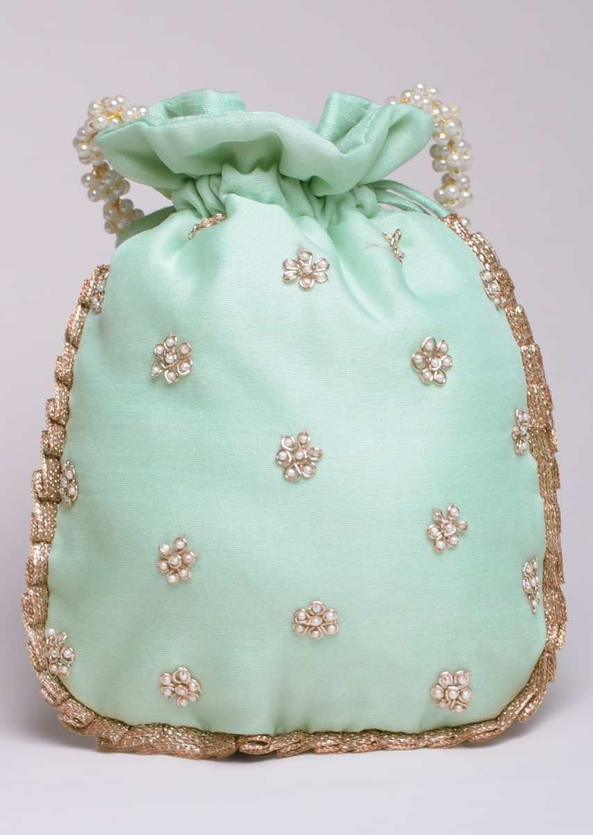 Buy Sky Blue Potli Bag In Silk With Hand Embroidered Floral Design ...