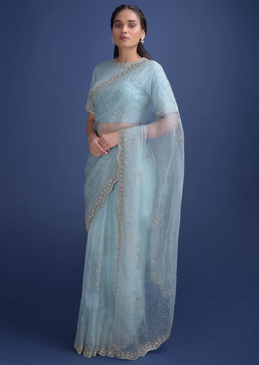 Buy Sky Blue Saree Embellished With Sequins, Cut Dana, Beads And ...