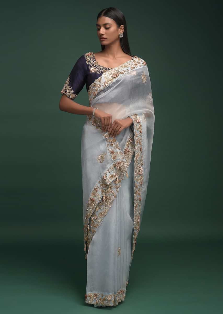 sky blue saree in organza silk with embroidered floral buttis and 3d flowers on the border online kalki fashion 482264 3
