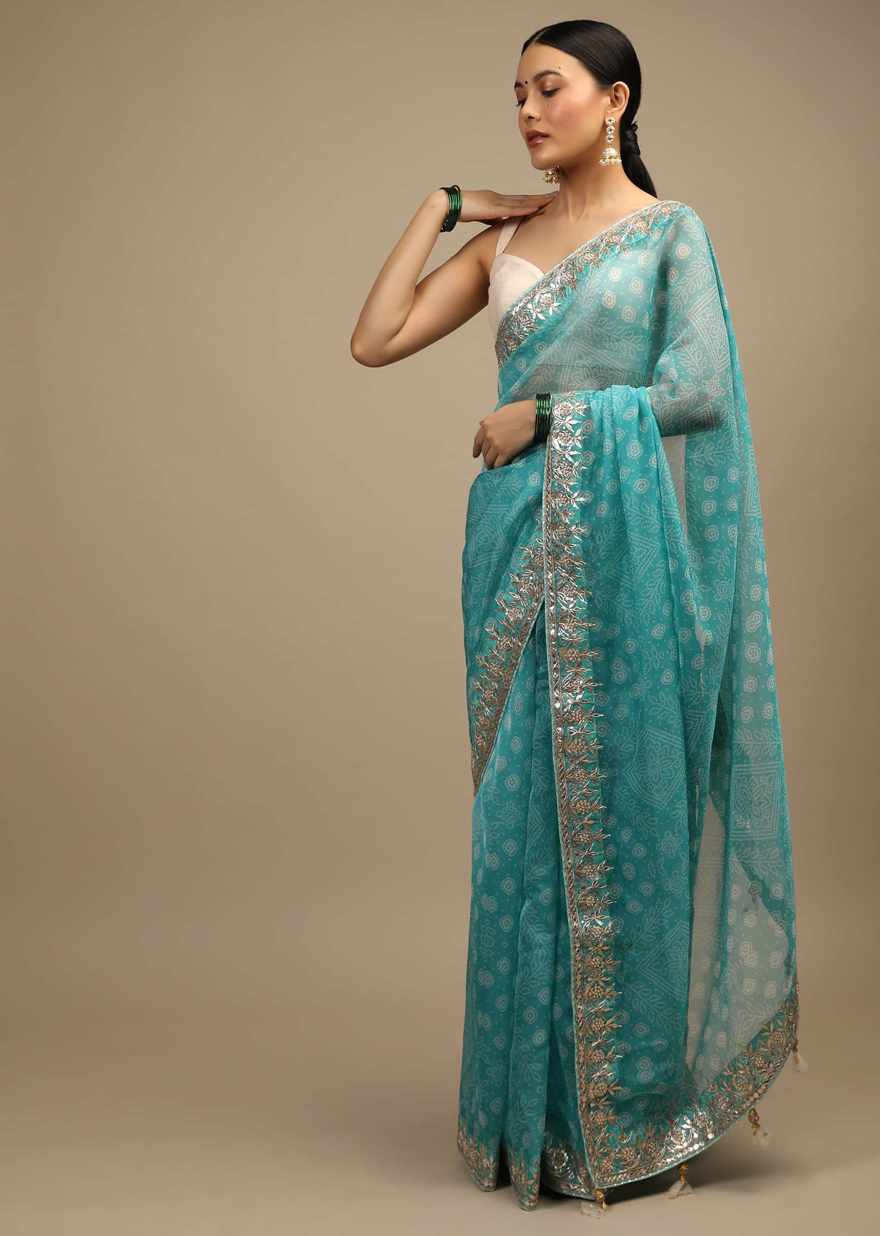 Sky Blue Saree In Organza With Bandhani Print In Floral And Geometric Motifs Along With Gotta Patti Accented Border  