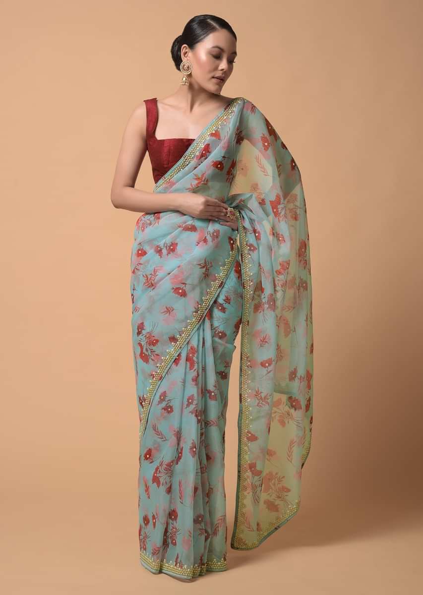 Sky Blue Saree In Organza With Floral Print And Moti Accents  
