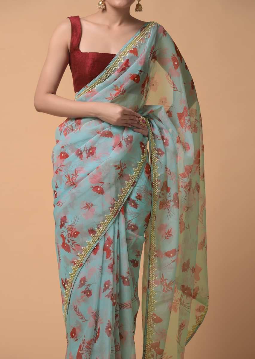 Buy Sky Blue Saree In Organza With Floral Print And Moti Accents ...