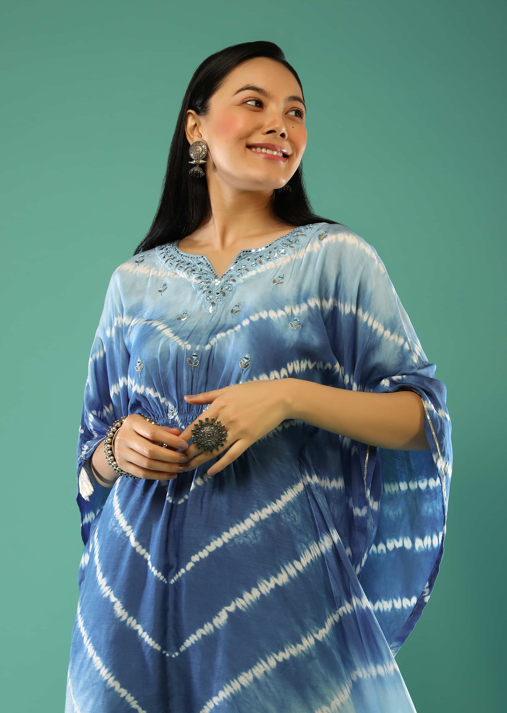 Sky Blue And French Blue Kaftan With Tie Dye Print And Gotta Embroidery Online - Re By Kalki