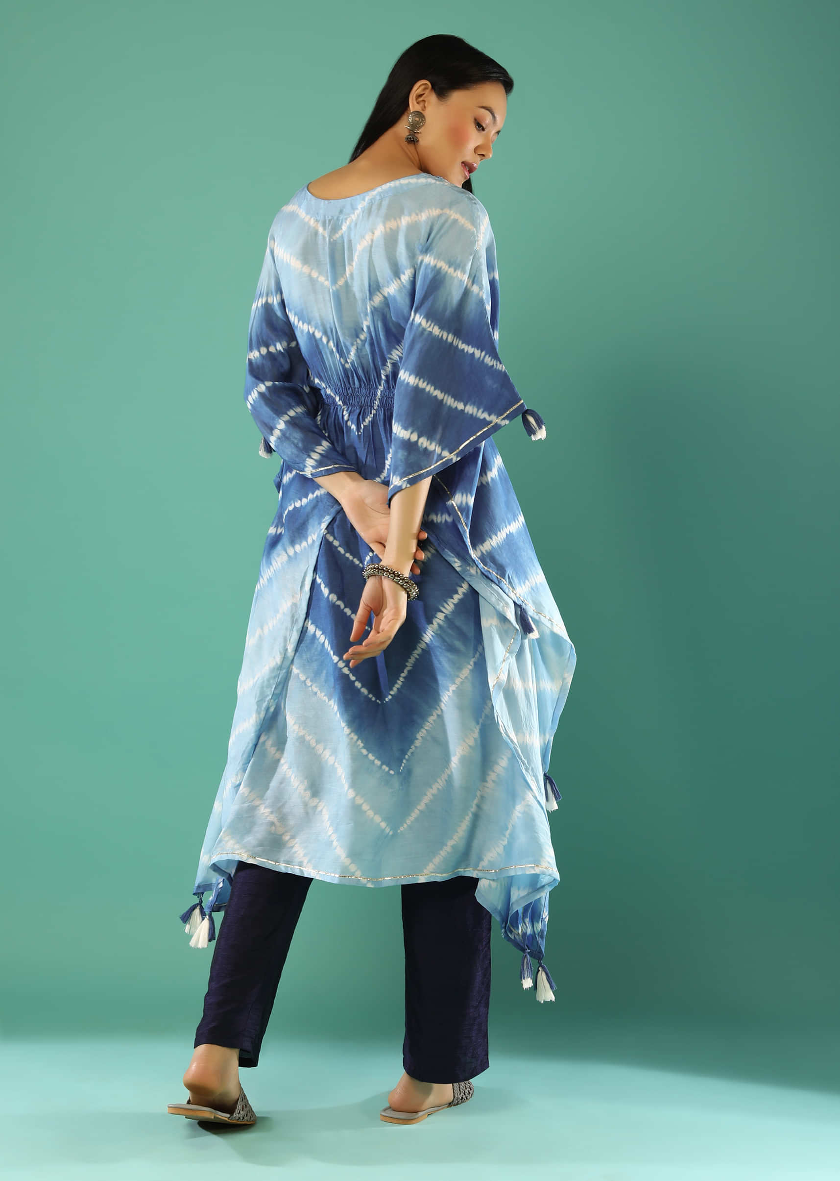 Sky Blue And French Blue Kaftan With Tie Dye Print And Gotta Embroidery Online - Re By Kalki