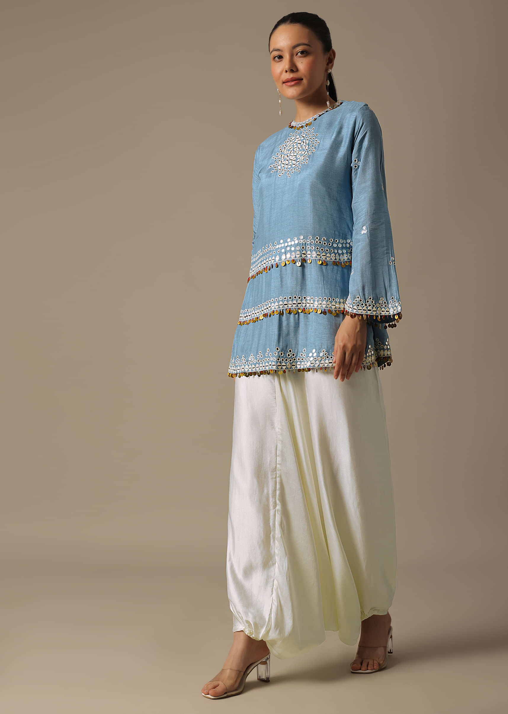 Blue Indica Mirror Dhoti Skirt Set Paired With Bralette and Cape