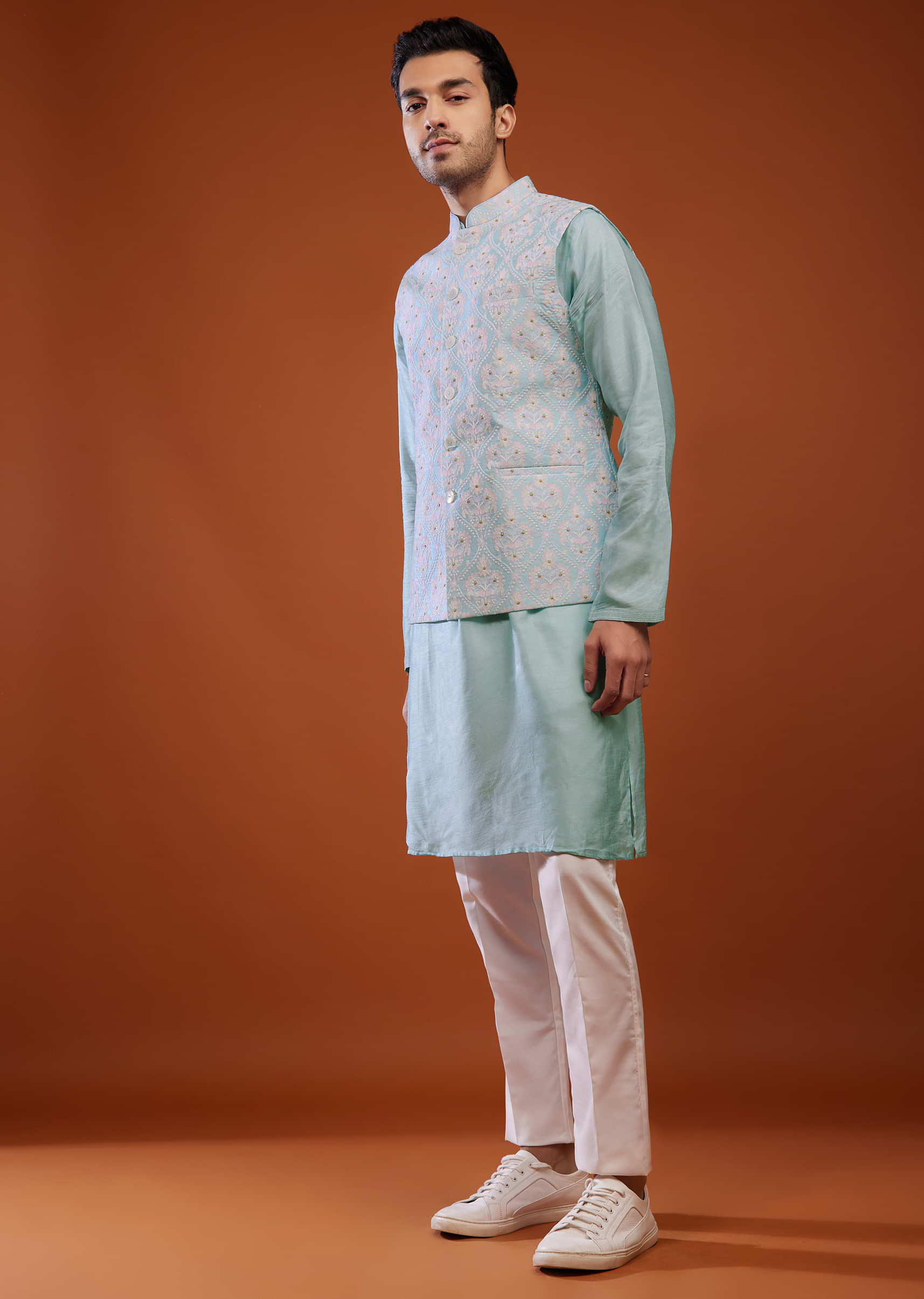 Powder Blue Embroidered Bandi Jacket Set In Silk