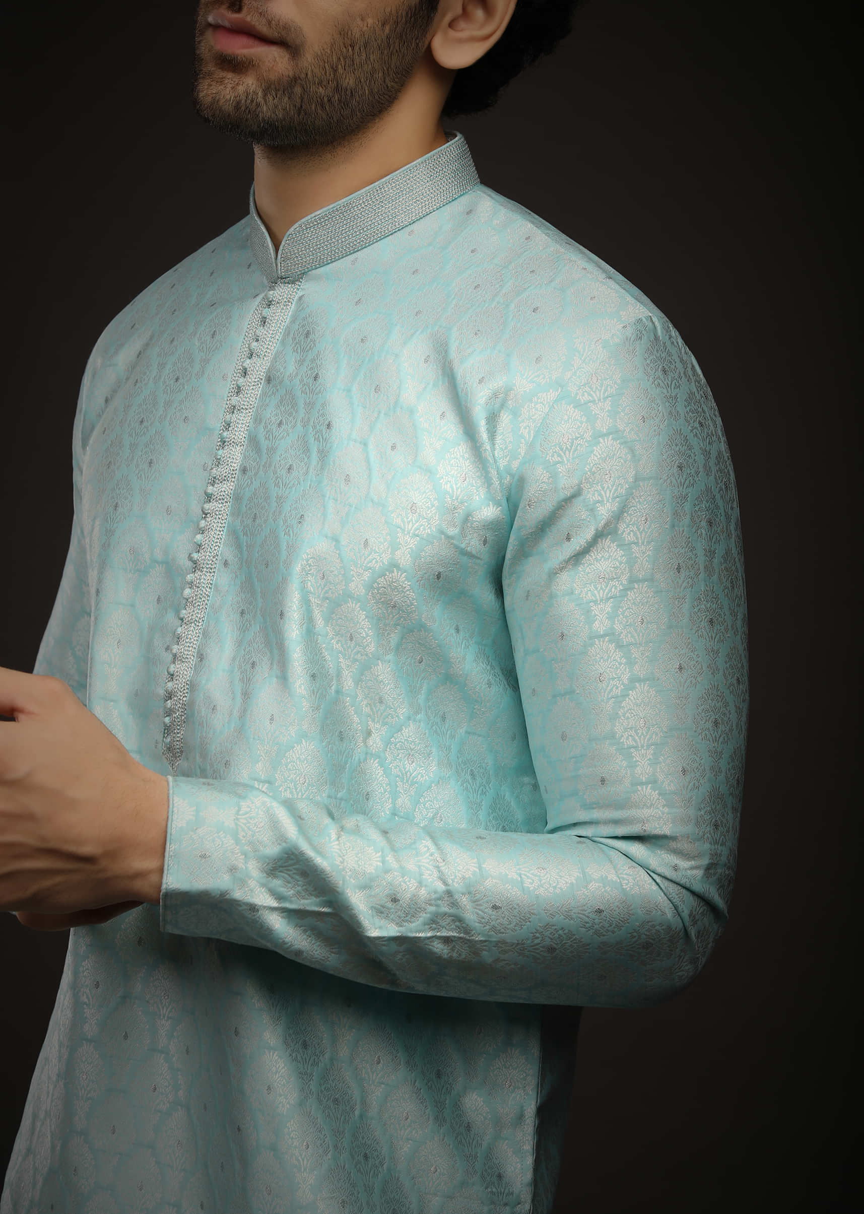 Sky Blue Kurta Set In Brocade Silk With Woven Design All Over And Zari Work On The Placket