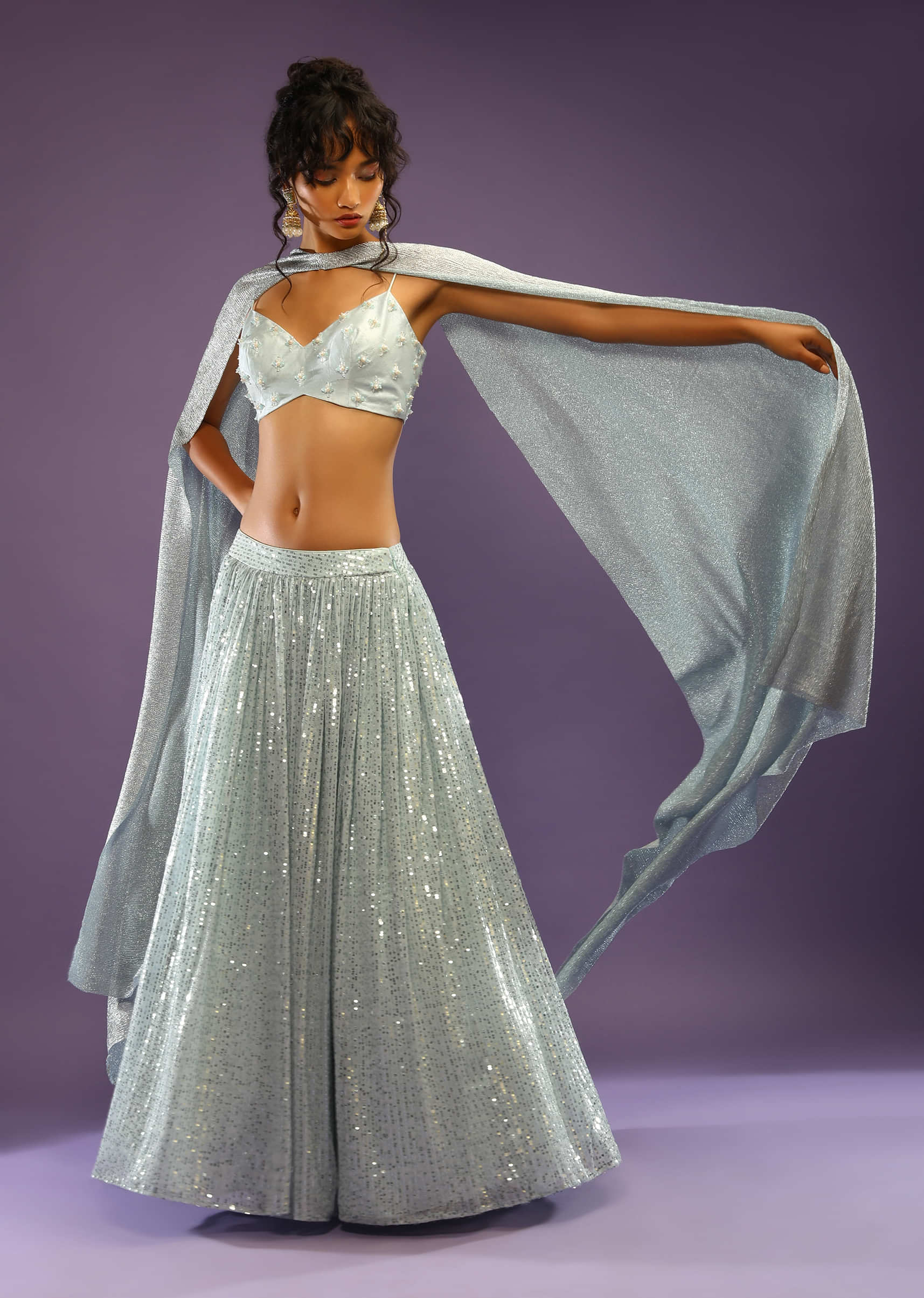 Sky Blue Sequins Lehenga With Moti Embroidered Crop Top And Shimmer Dupatta