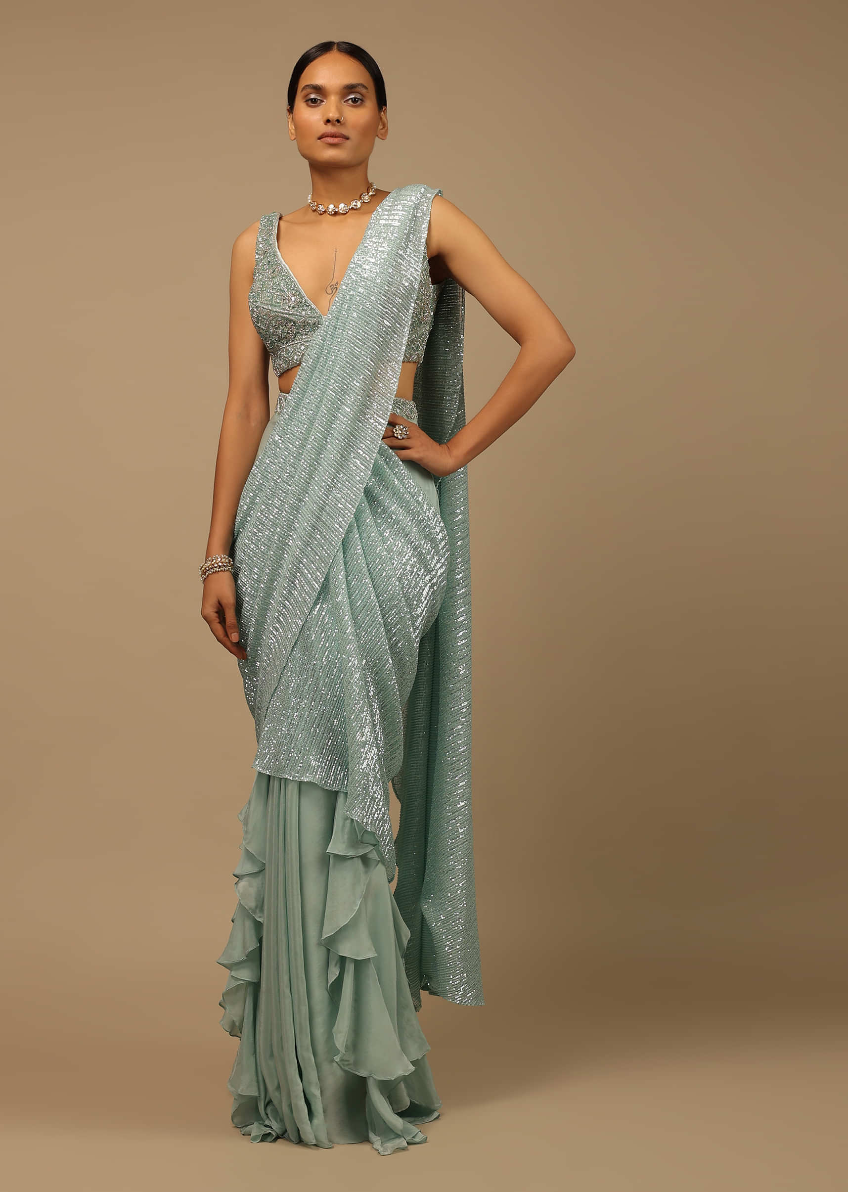 Sky Blue Ready Pleated Saree With Ruffles On The Hem, Sequins Pallu And Cut Dana Embroidered Blouse