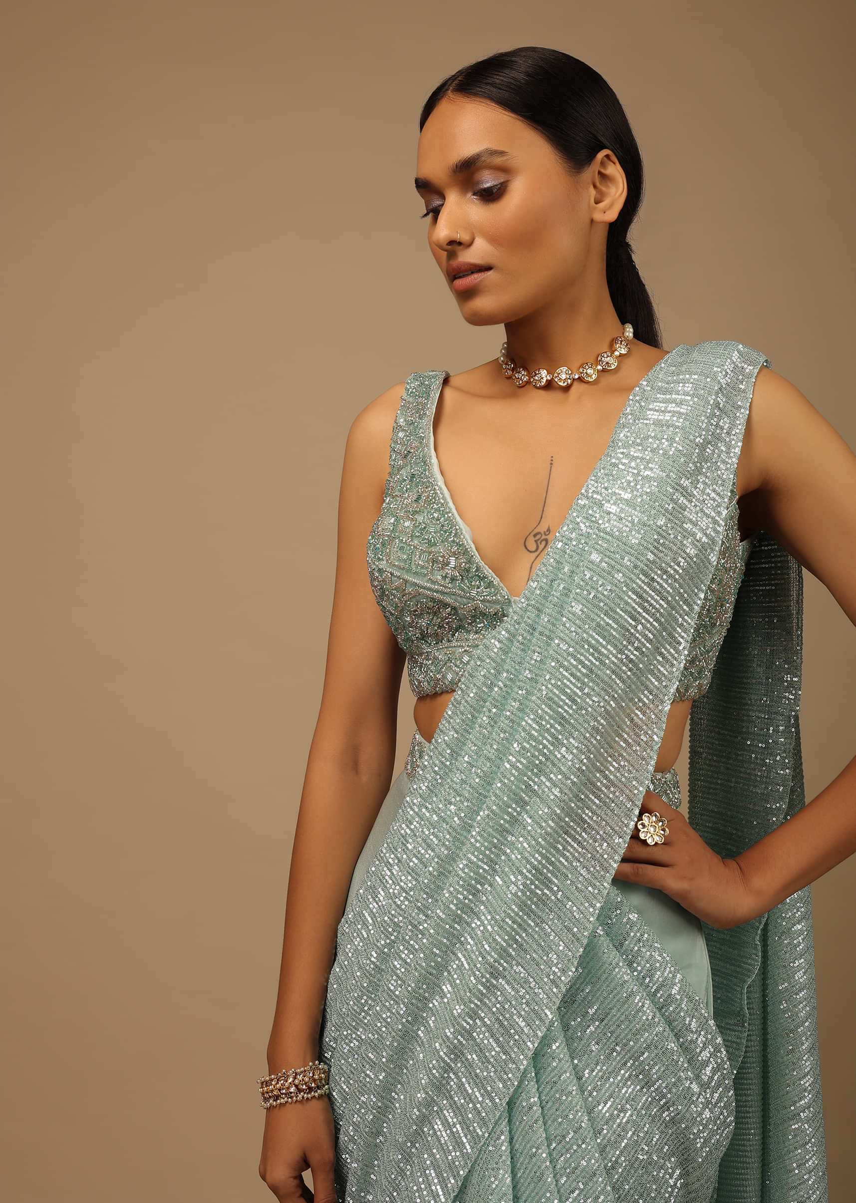 Sky Blue Ready Pleated Saree With Ruffles On The Hem, Sequins Pallu And Cut Dana Embroidered Blouse