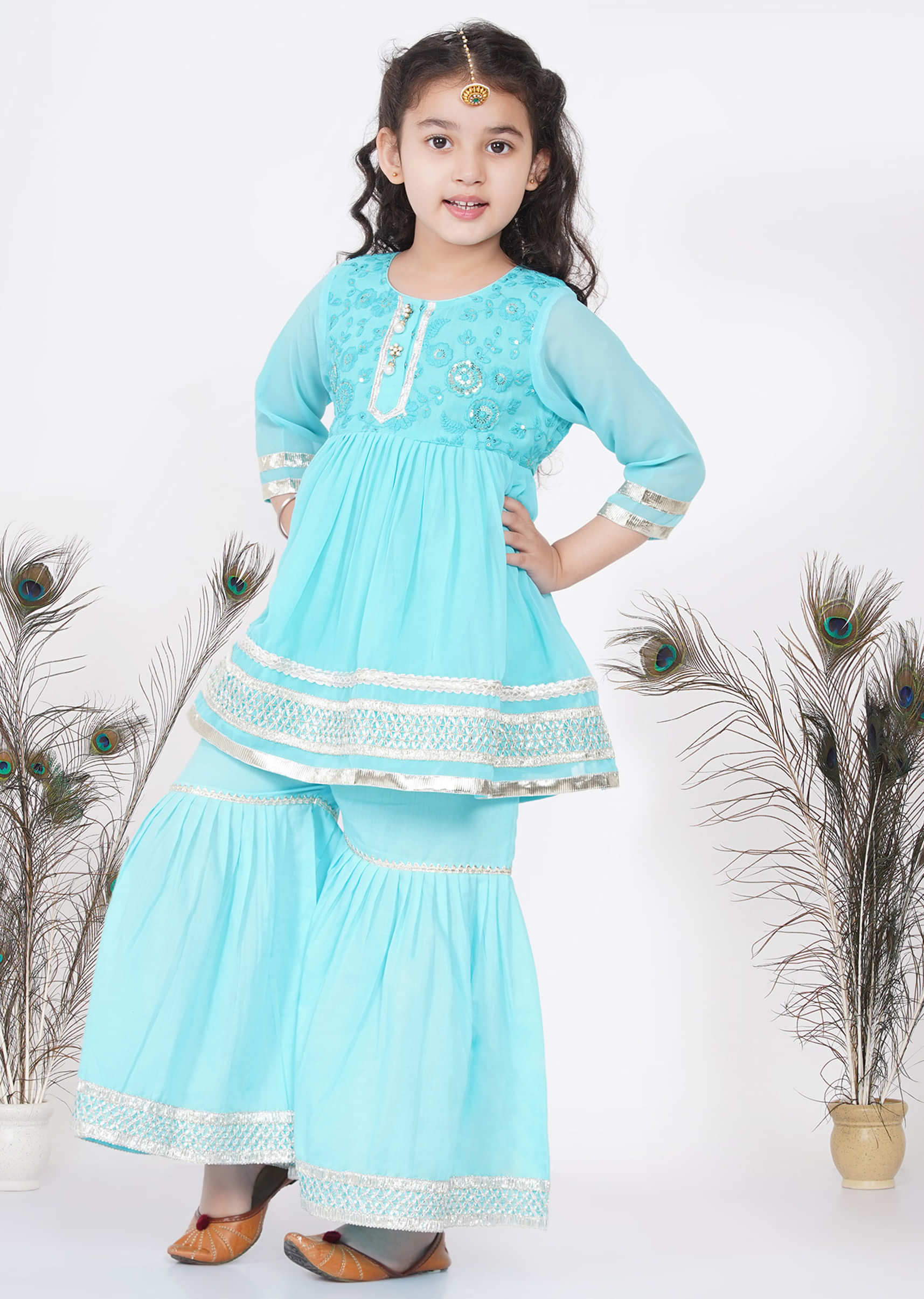 Kalki Aqua Blue Sharara Suit For Girls In Cotton With Embroidery In Gotta Patti And Jaipuri Lacework