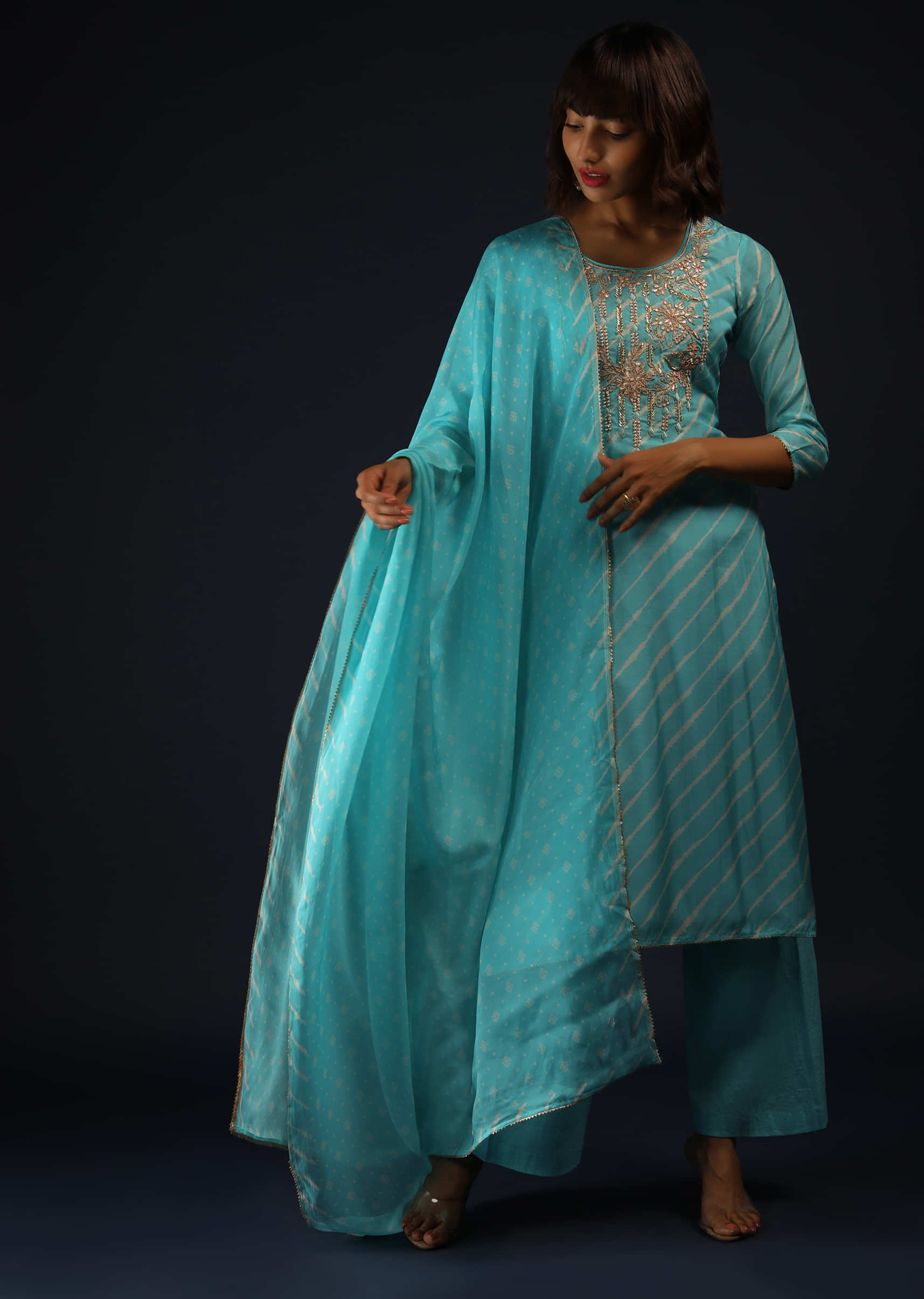 Sky Blue Palazzo Suit In Cotton With Lehariya Print And Gotta Patti Embroidery  