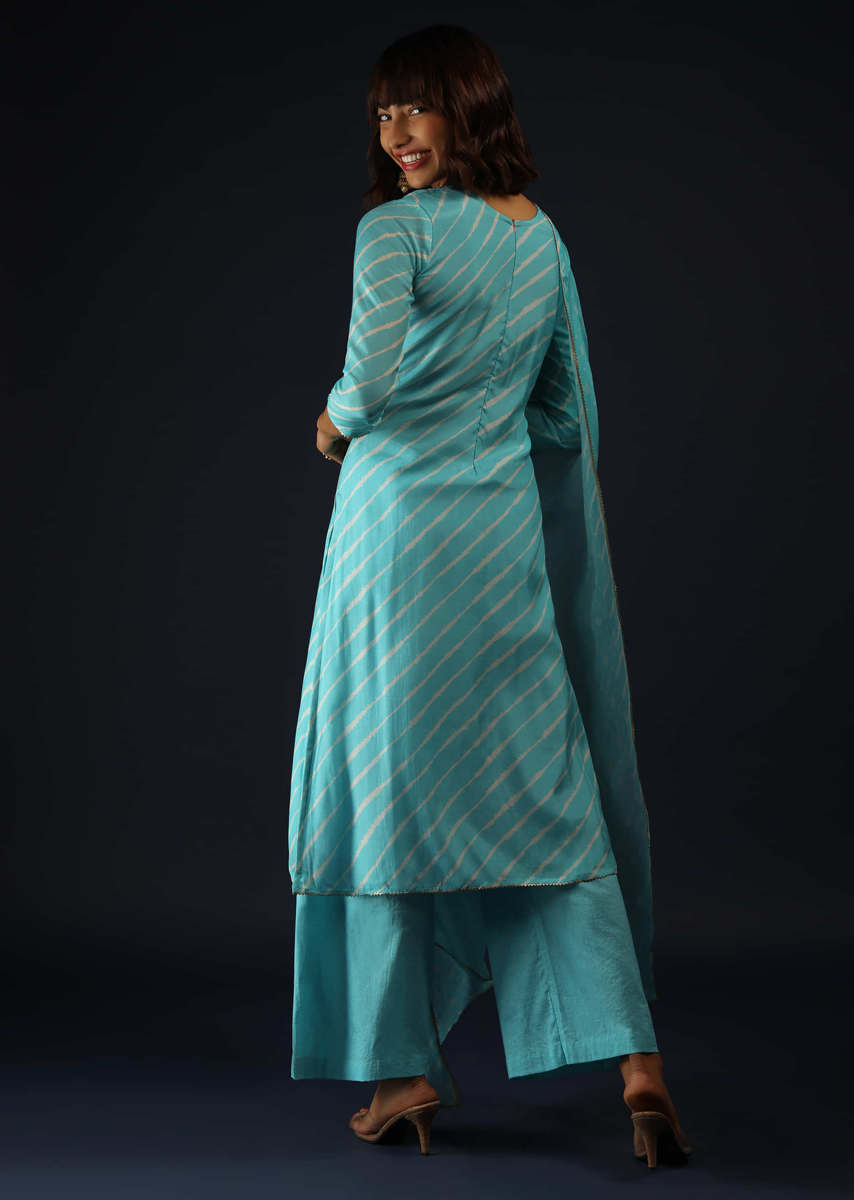 Sky Blue Palazzo Suit In Cotton With Lehariya Print And Gotta Patti Embroidery  
