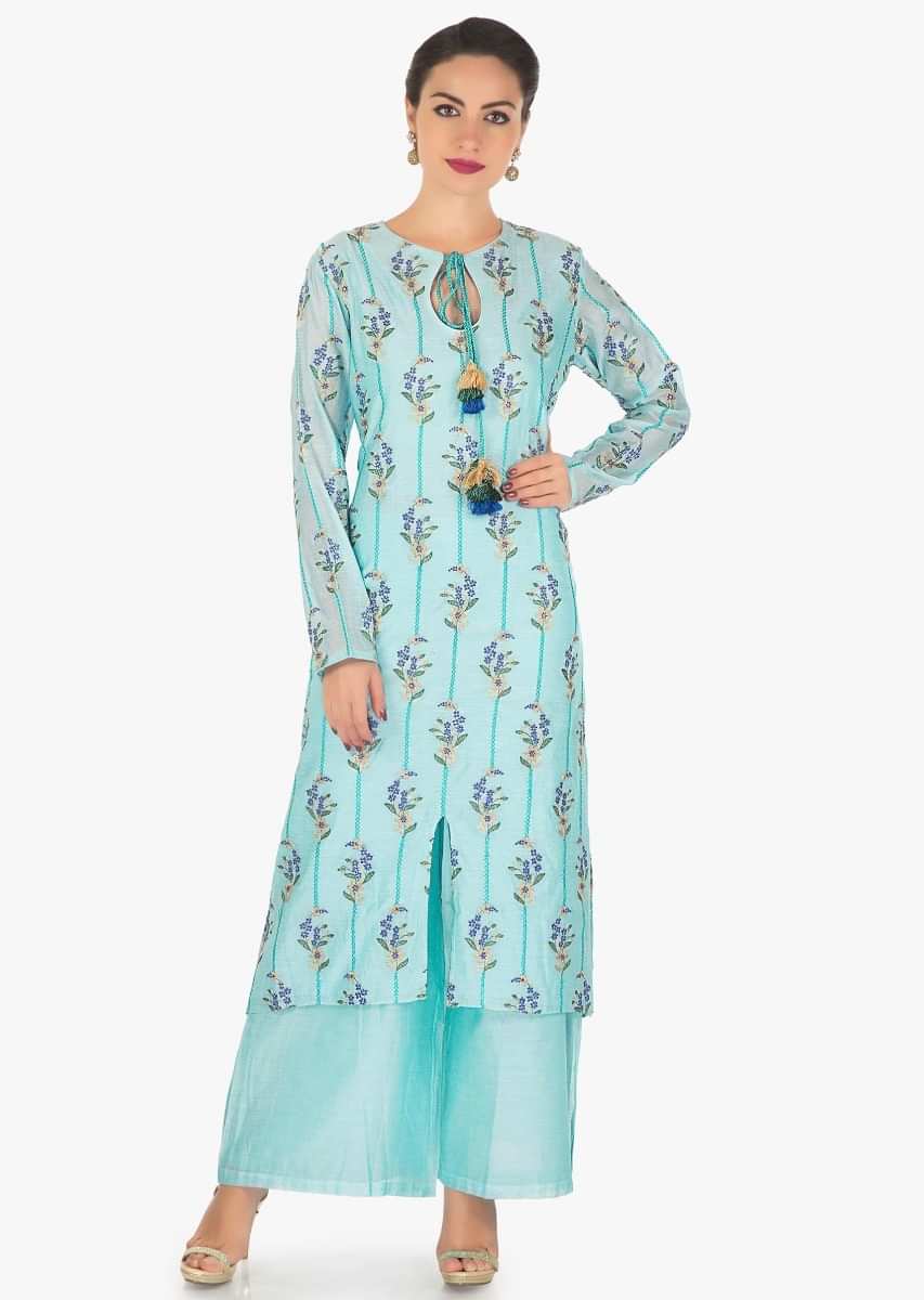 Sky blue straight palazzo suit in cotton silk with resham and zari work only on Kalki