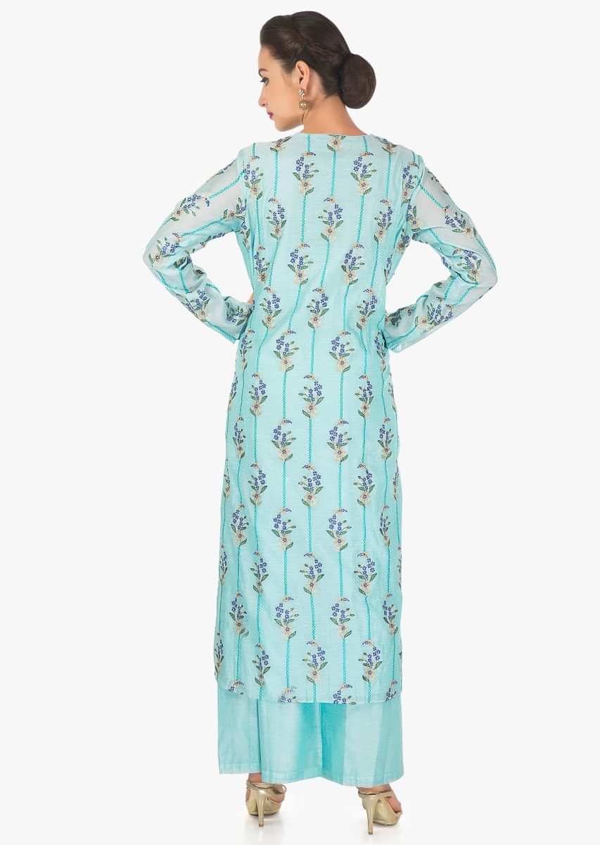Sky blue straight palazzo suit in cotton silk with resham and zari work only on Kalki