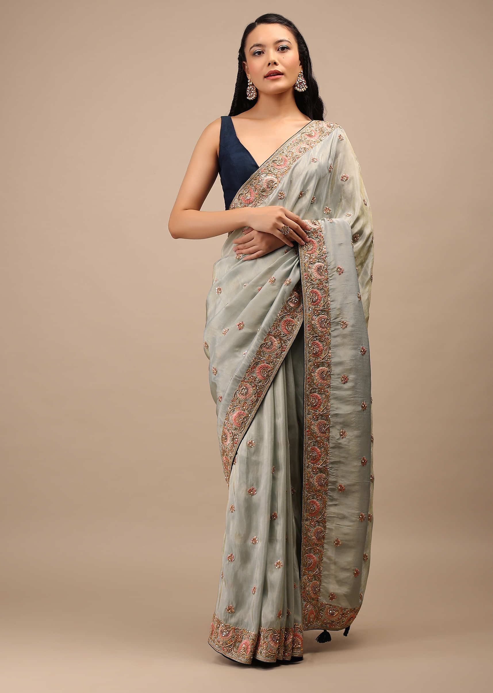 Sky Grey Tissue Saree In Resham Work And Moti Embroidery Floral Buttis, Floral Motifs Embroidery On The Border 